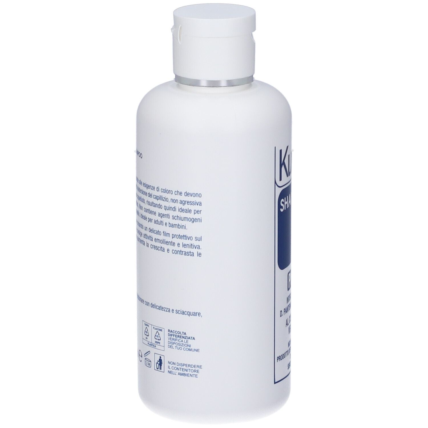 Flacone di shampoo bianco, retro con testo. Contiene informazioni sul prodotto e loghi.