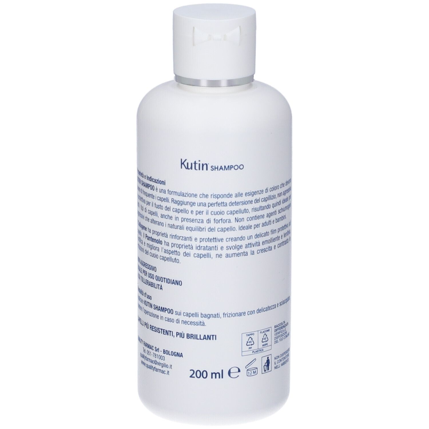 Flacone di shampoo bianco, retro con testo. Contiene informazioni sul prodotto e volume: 200 ml.