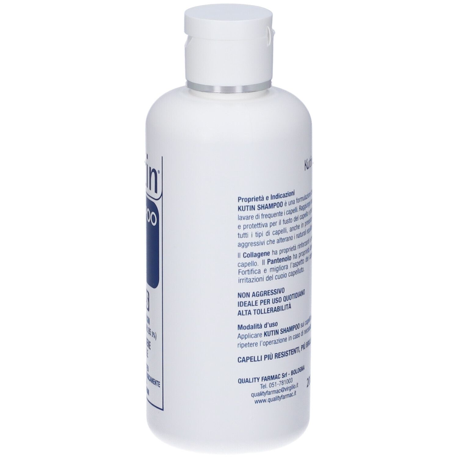 Flacone di shampoo bianco, retro con testo. Contiene informazioni sul prodotto e loghi.