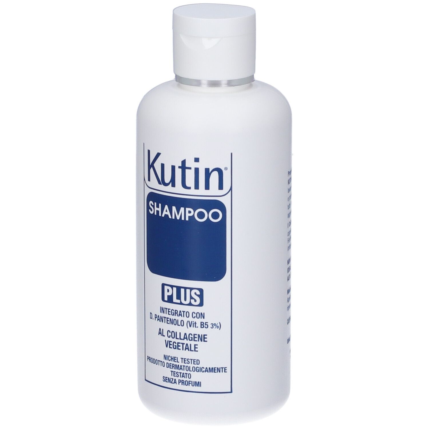 Flacone di shampoo bianco con etichetta blu. Scritta: Kutin Shampoo Plus, con D-Pantenolo e collagene vegetale.