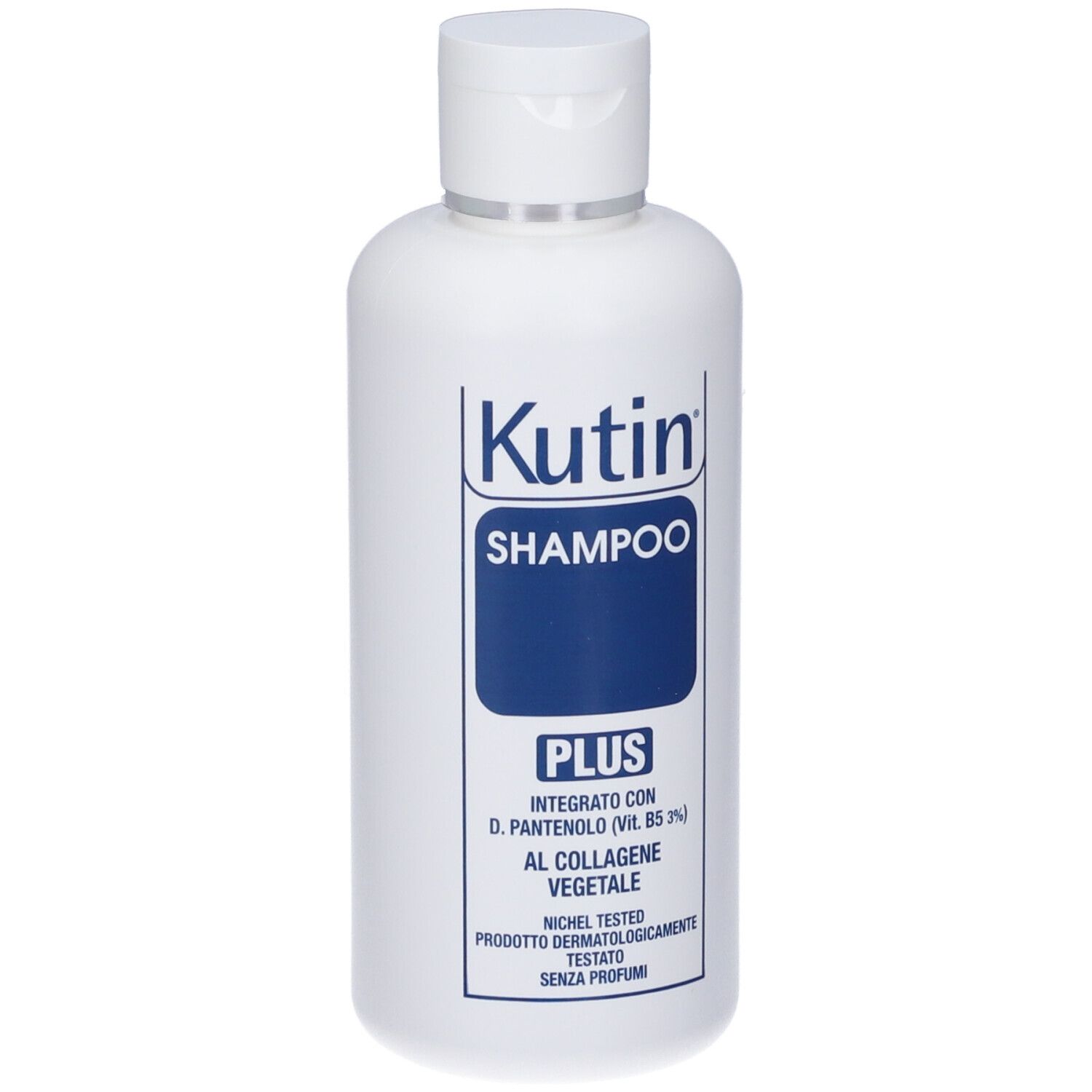 Flacone di shampoo bianco con etichetta blu. Scritta: Kutin Shampoo Plus.