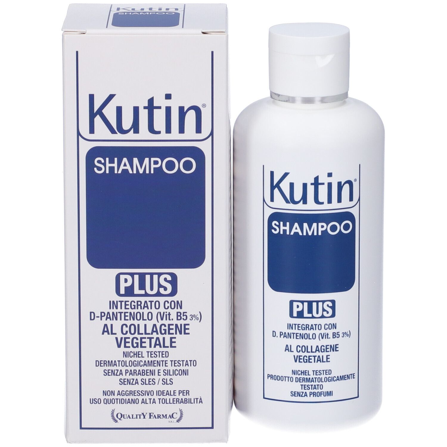Flacone e scatola Kutin Shampoo. Flacone: bianco con etichetta blu. Scatola: bianca con design blu.