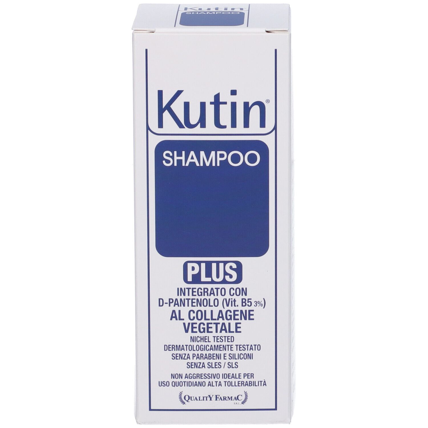 Scatola bianca con design blu. Scritta: Kutin Shampoo Plus, con D-Pantenolo e collagene vegetale.
