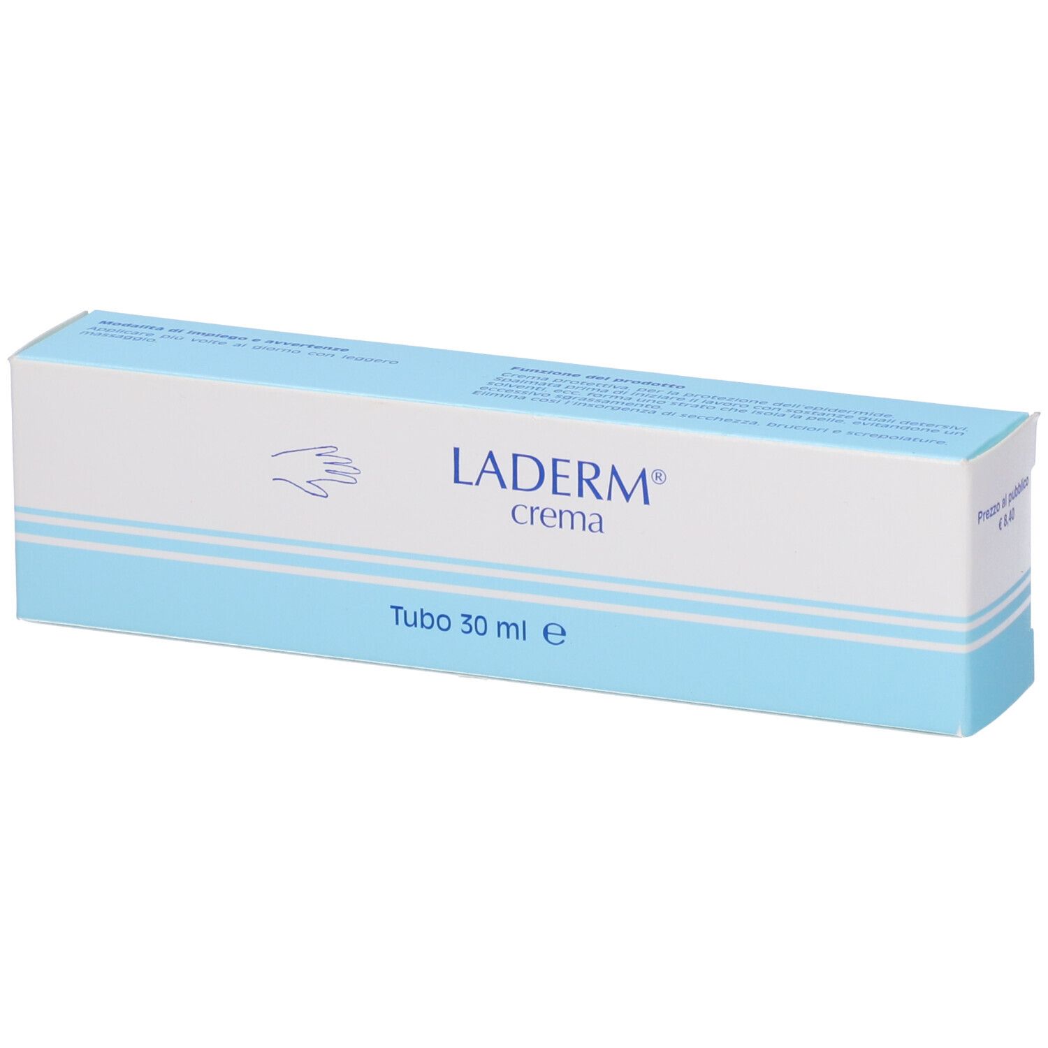 Scatola con nome del prodotto e volume. Colori bianco e azzurro.