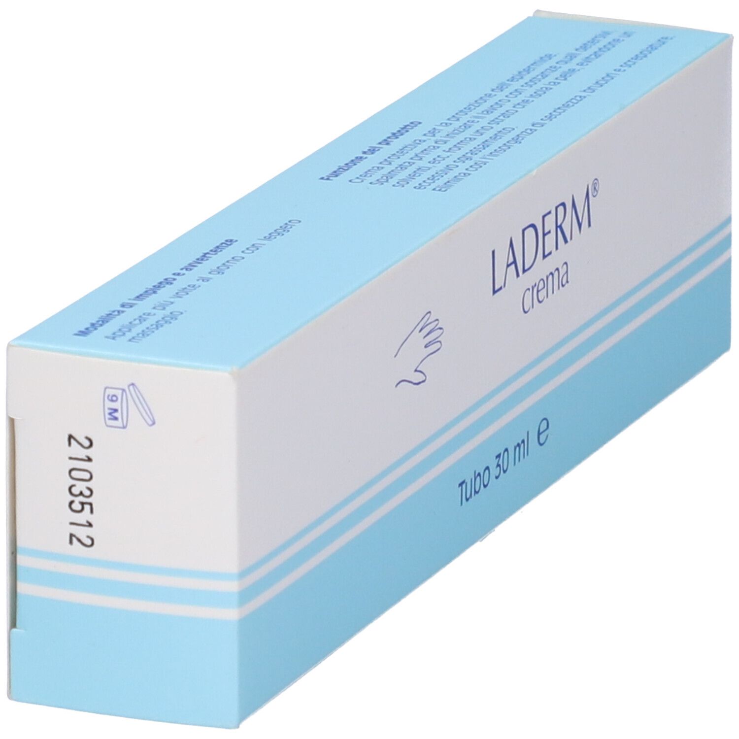 Scatola con nome del prodotto e volume. Colori bianco e azzurro.