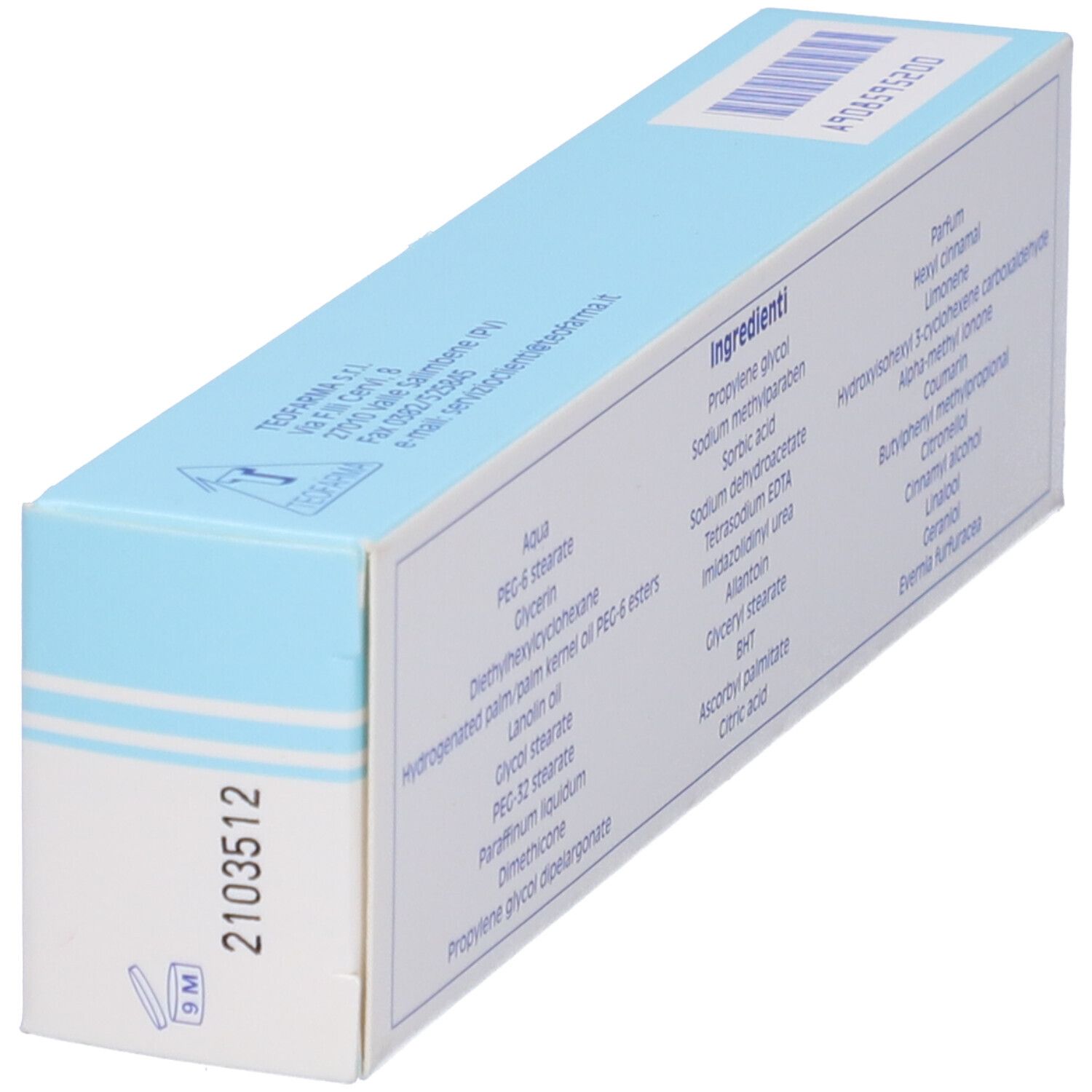 Scatola con ingredienti e informazioni sul prodotto. Colori bianco e azzurro.