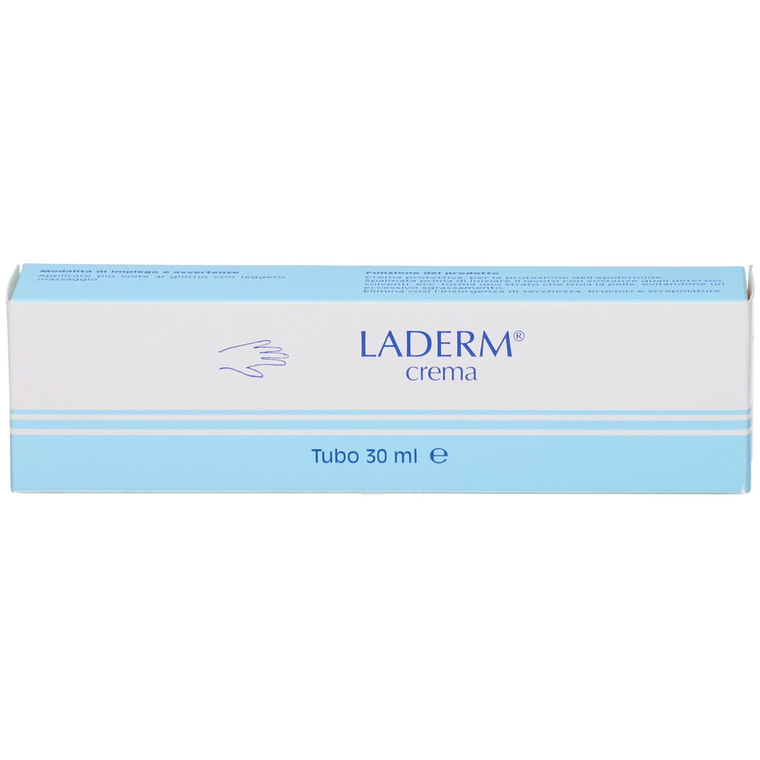 Scatola con nome del prodotto e volume. Colori bianco e azzurro.