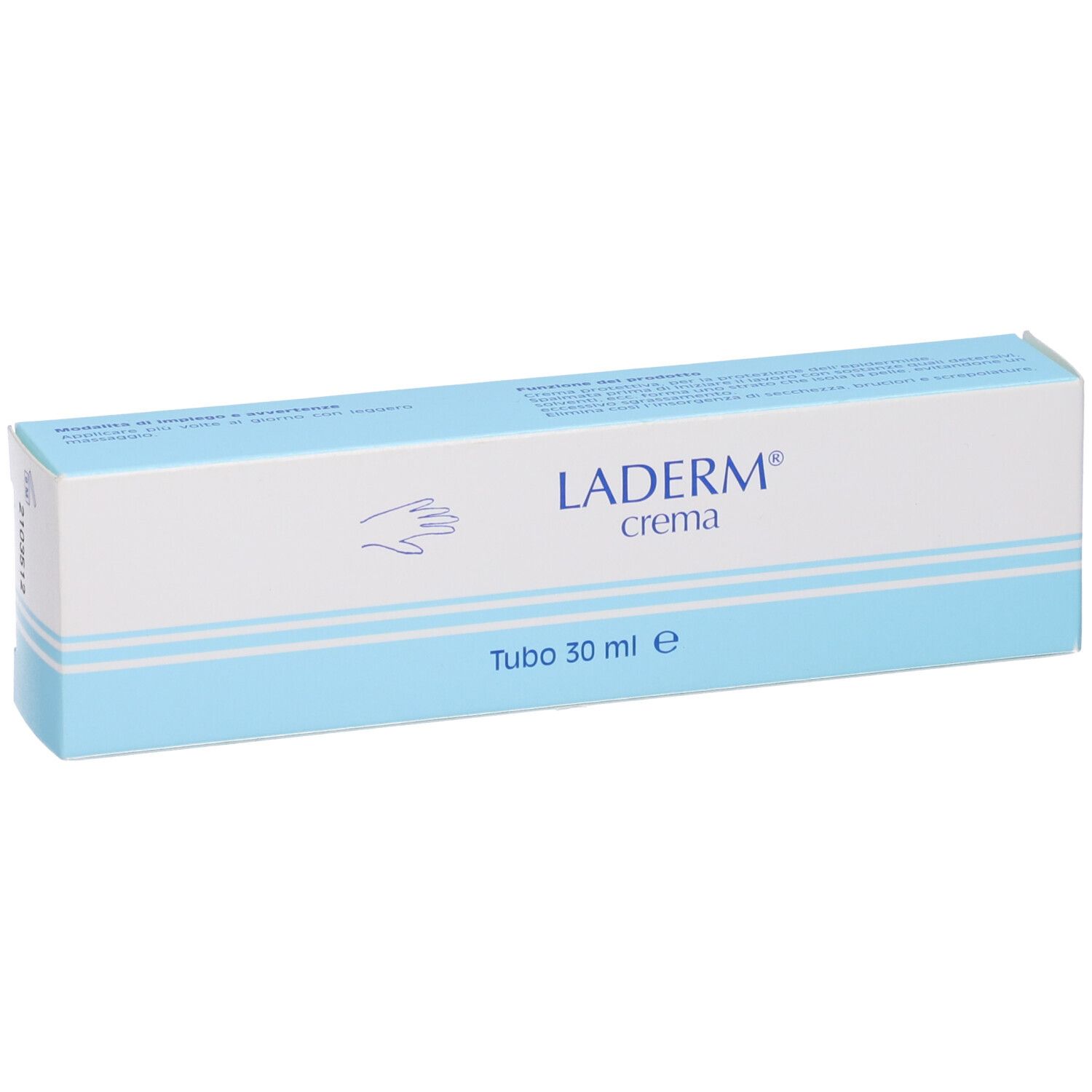 Scatola con nome del prodotto e volume. Colori bianco e azzurro.