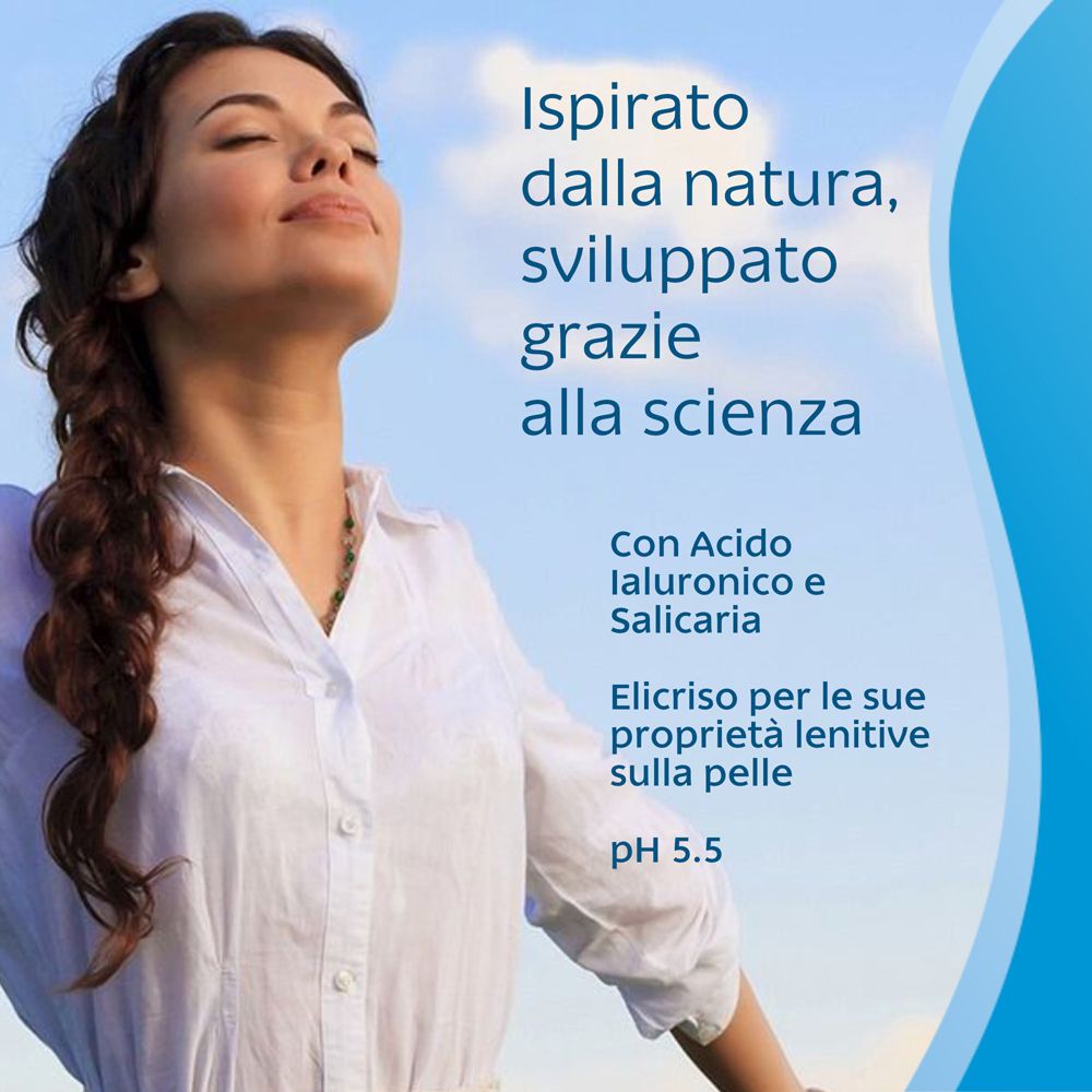 Donna che respira. Testo in italiano. Sfondo blu. pH 5.5.