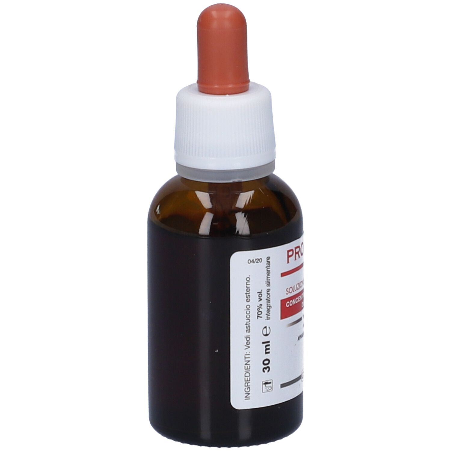 Flacone di vetro marrone con tappo bianco e contagocce marrone. Etichetta con informazioni sul prodotto. 30 ml.