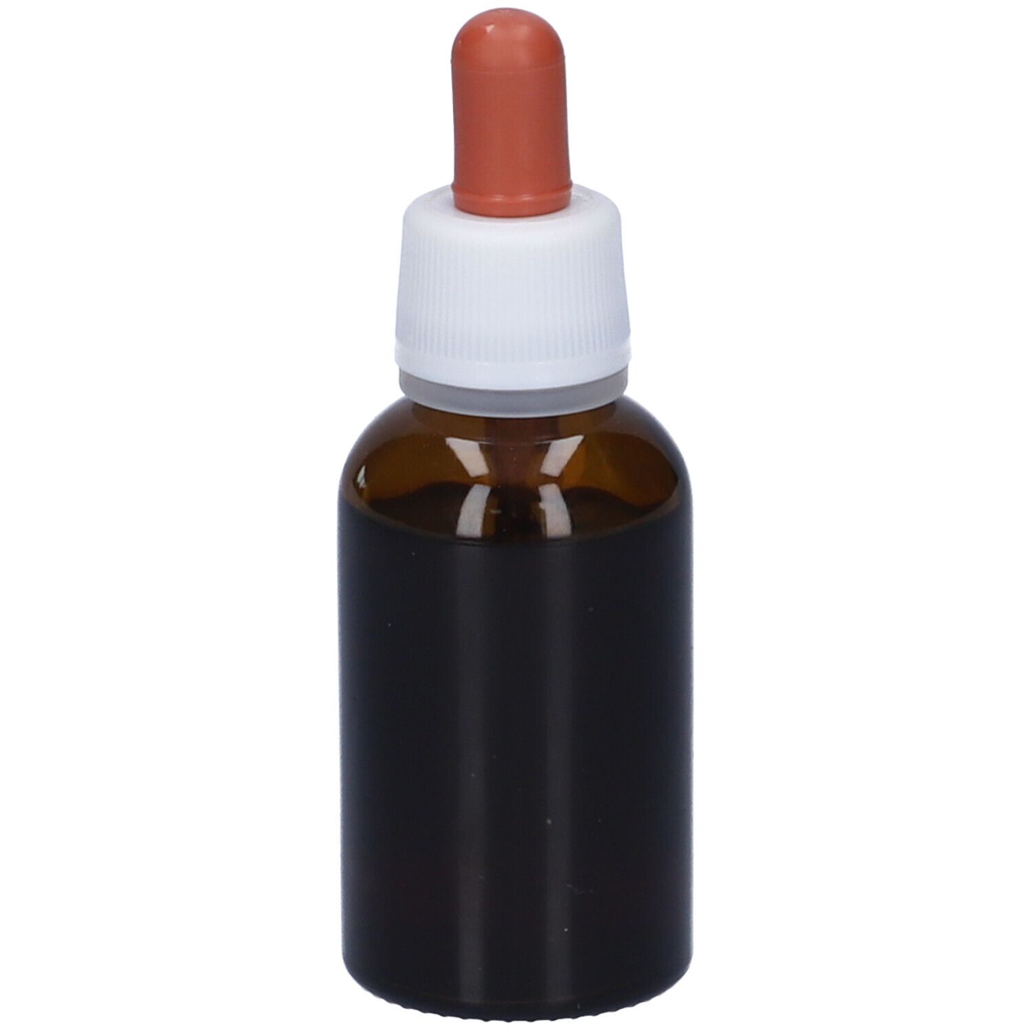 Flacone di vetro marrone con tappo bianco e contagocce marrone. Liquido visibile. 30 ml.
