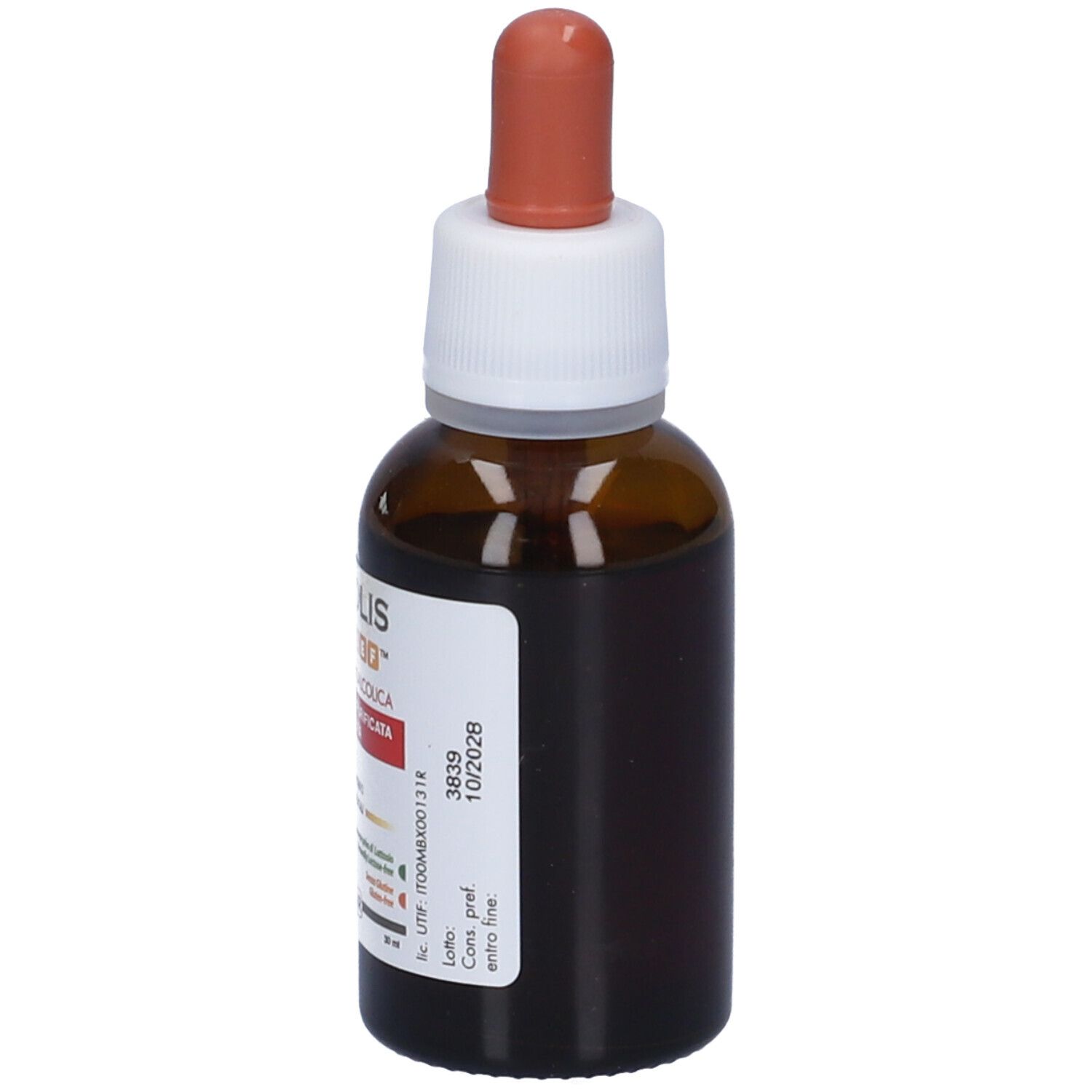 Flacone di vetro marrone con tappo bianco e contagocce marrone. Etichetta con informazioni sul prodotto. 30 ml.