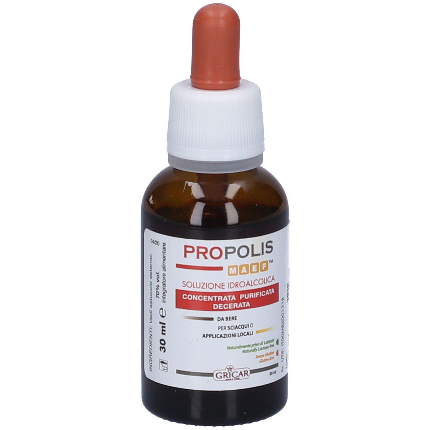 Flacone di vetro marrone con tappo bianco e contagocce marrone. Etichetta con informazioni sul prodotto. 30 ml.