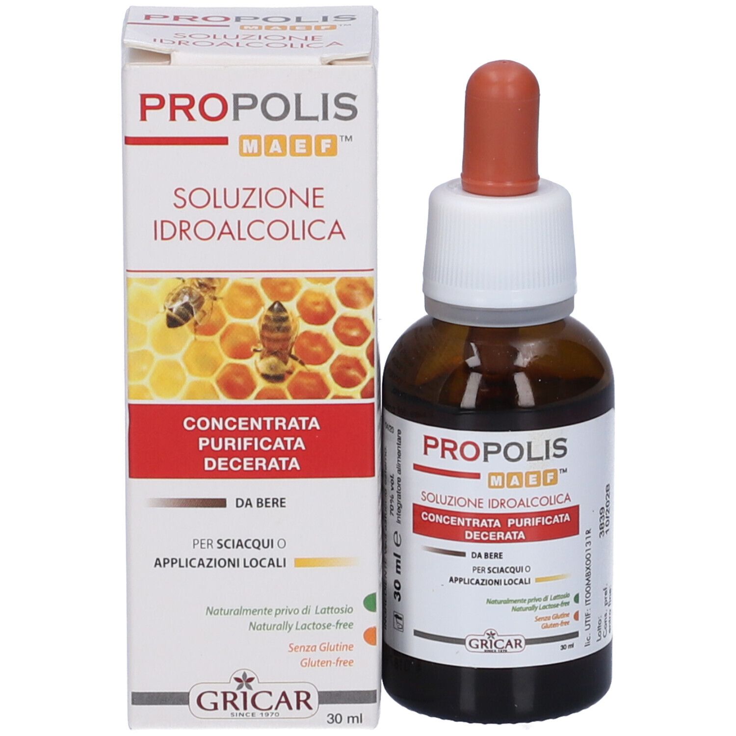 Flacone di vetro marrone con tappo bianco e contagocce marrone accanto a una scatola bianca. Scatola con immagine e testo del prodotto.