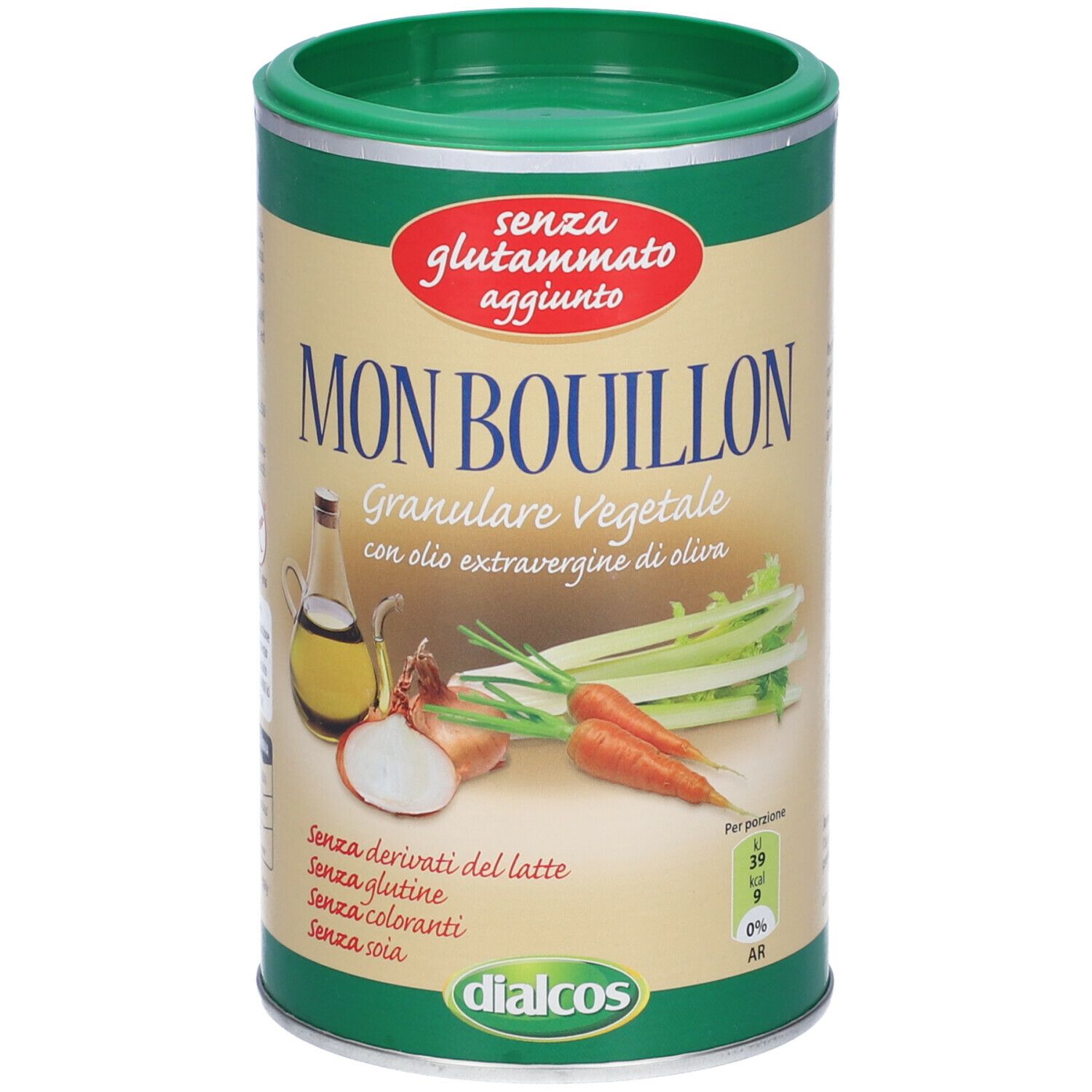 Barattolo di Mon Bouillon. Scritta: Granulare Vegetale. Illustrazione di verdure e olio d'oliva. Senza derivati del latte, glutine, coloranti, soia.