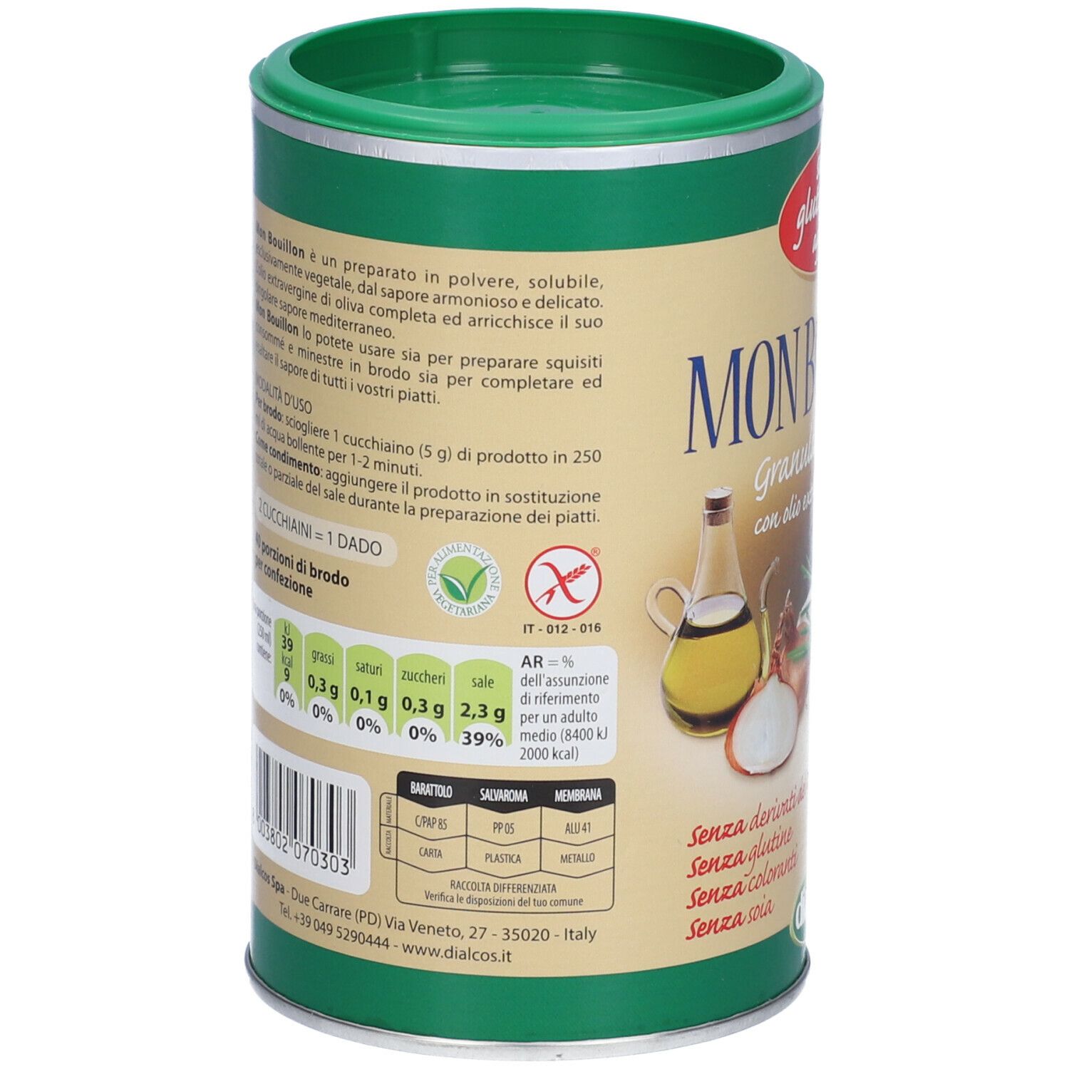 Retro del barattolo Mon Bouillon. Testo e informazioni nutrizionali. Simbolo senza glutine. Indirizzo del produttore. Codice a barre.