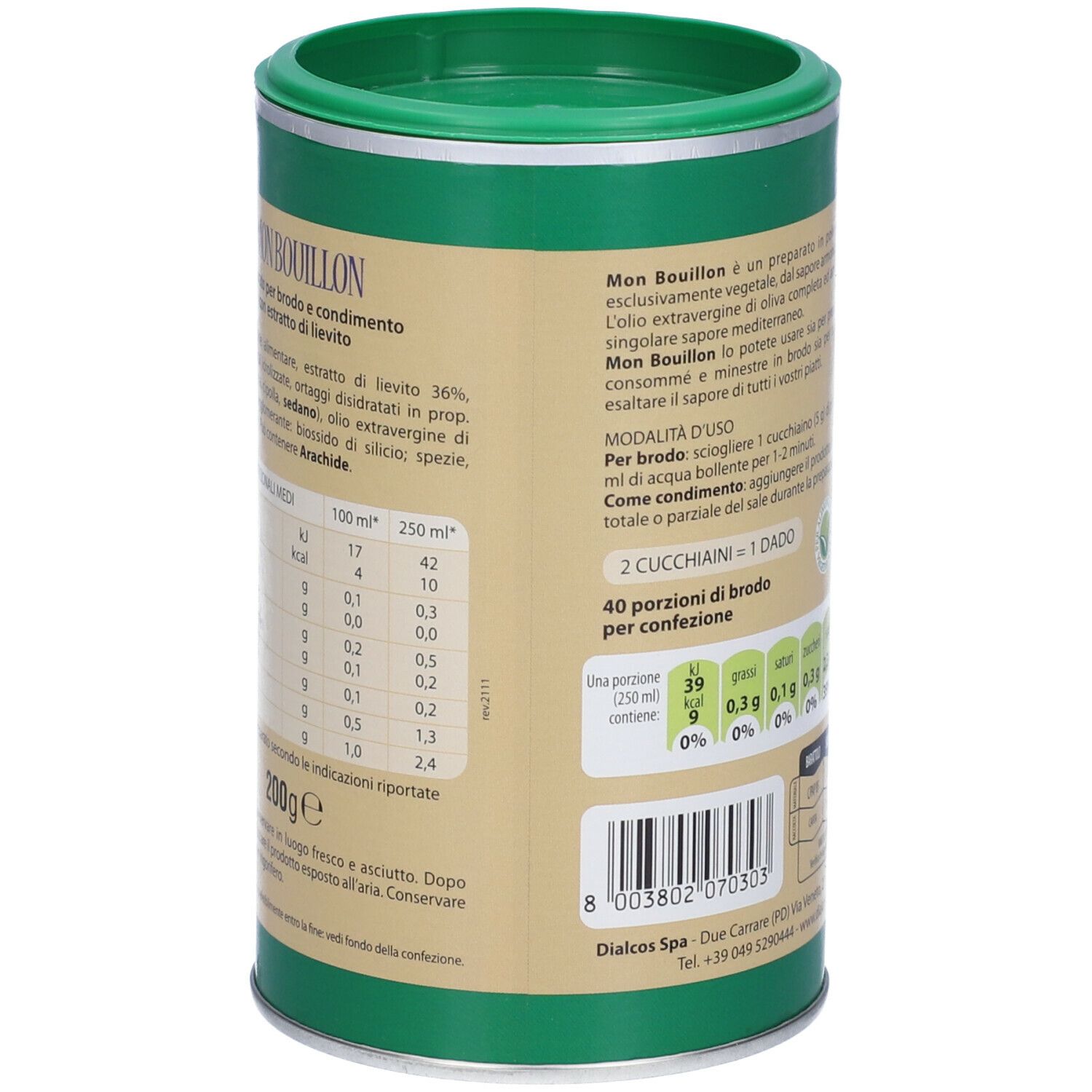 Retro del barattolo Mon Bouillon. Testo e informazioni nutrizionali. 200g. 40 porzioni. Indirizzo del produttore. Codice a barre.