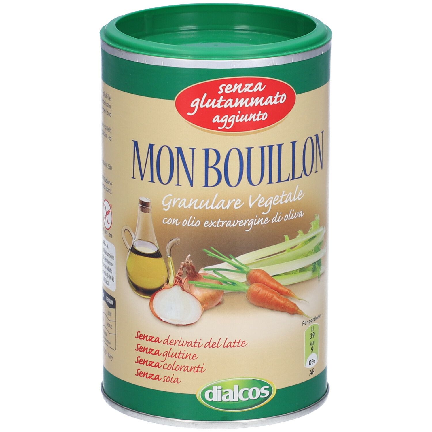 Barattolo di Mon Bouillon. Scritta: Granulare Vegetale. Illustrazione di verdure e olio d'oliva. Senza derivati del latte, glutine, coloranti, soia.