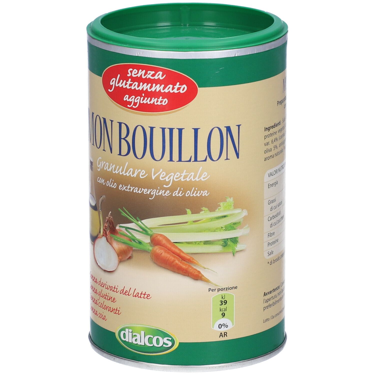 Barattolo di Mon Bouillon. Scritta: Granulare Vegetale. Illustrazione di verdure e olio d'oliva. Senza derivati del latte, glutine, coloranti, soia.