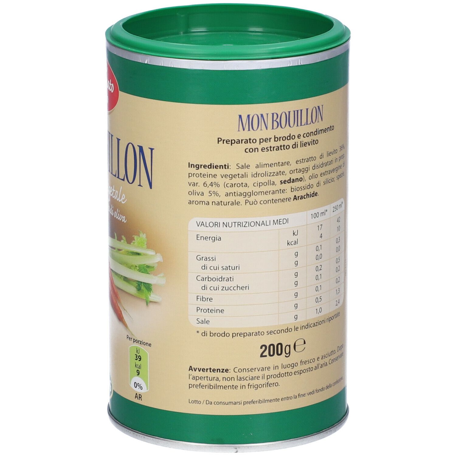 Barattolo Mon Bouillon. Scritta: Granulare Vegetale. Informazioni nutrizionali. 200g. Elenco ingredienti. Può contenere arachidi.