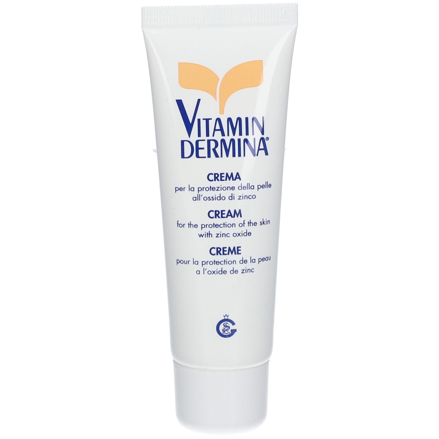 Tubo di Vitamindermina® Crema, bianco con logo giallo. Testo: CREMA, per la protezione della pelle all'ossido di zinco. Logo Istituto Ganassini.