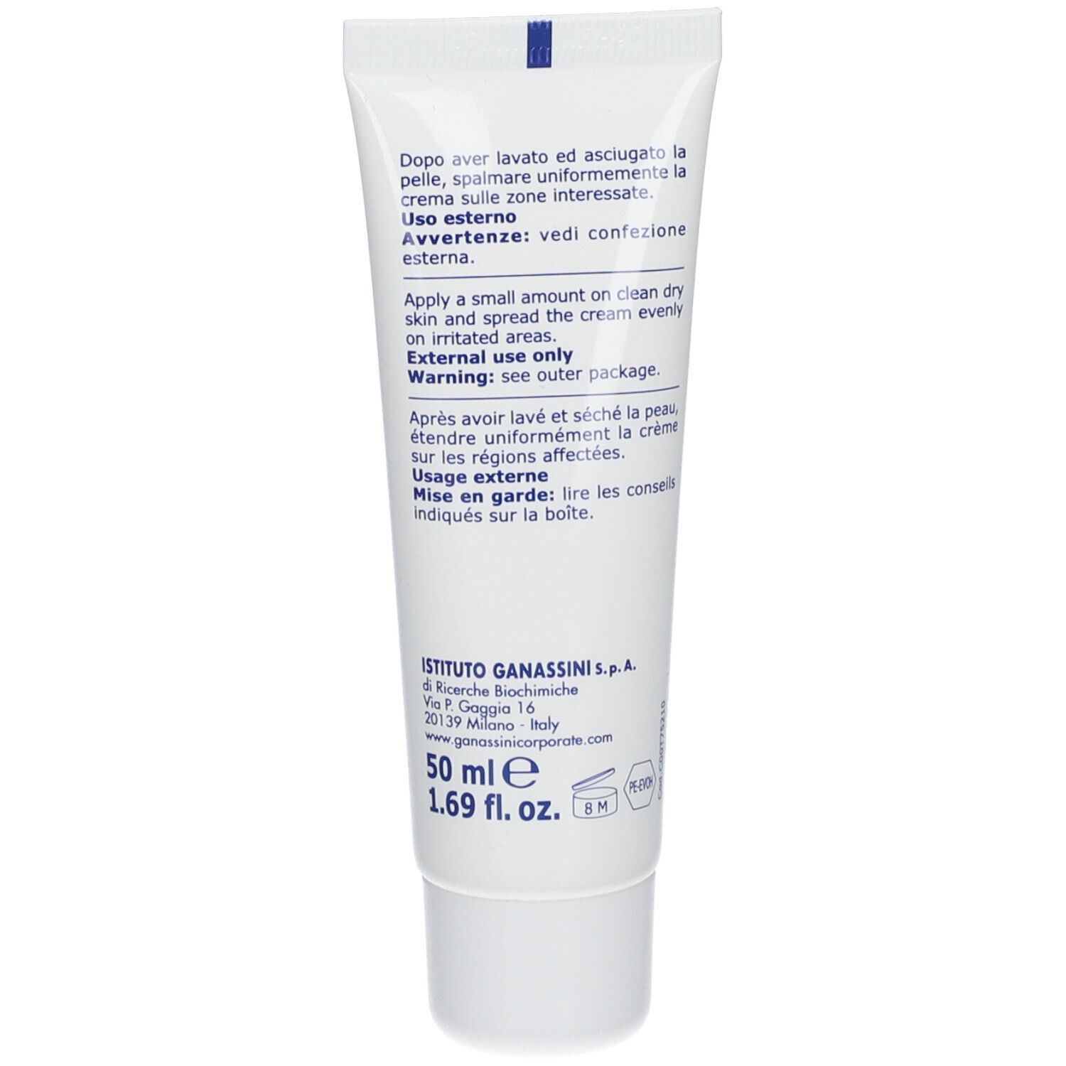 Retro del tubo Vitamindermina® Crema. Istruzioni per l'uso in tre lingue. Logo Istituto Ganassini. Volume: 50 ml.