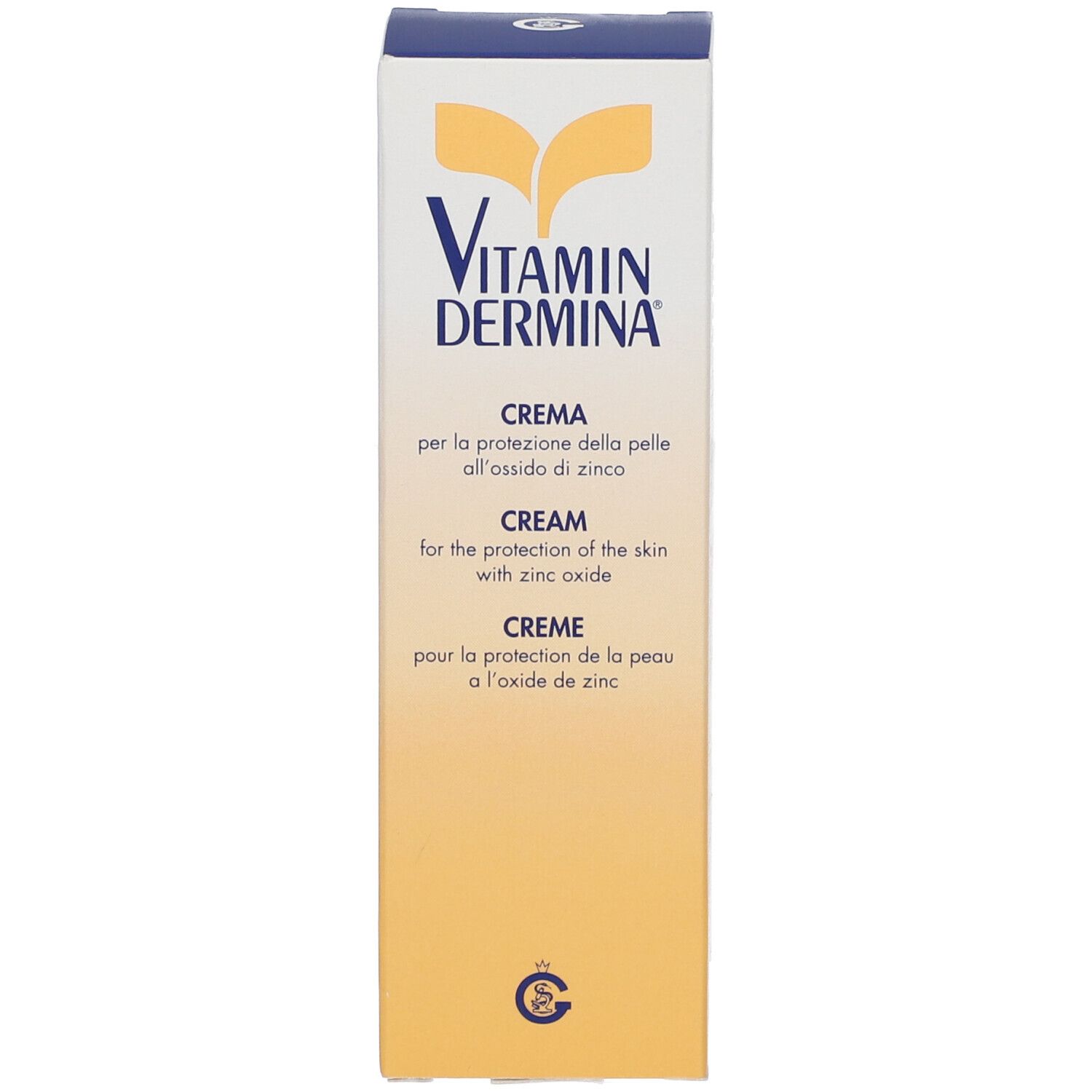 Scatola Vitamindermina® Crema. Logo e nome del prodotto. Testo: CREMA, per la protezione della pelle all'ossido di zinco. Logo Istituto Ganassini.