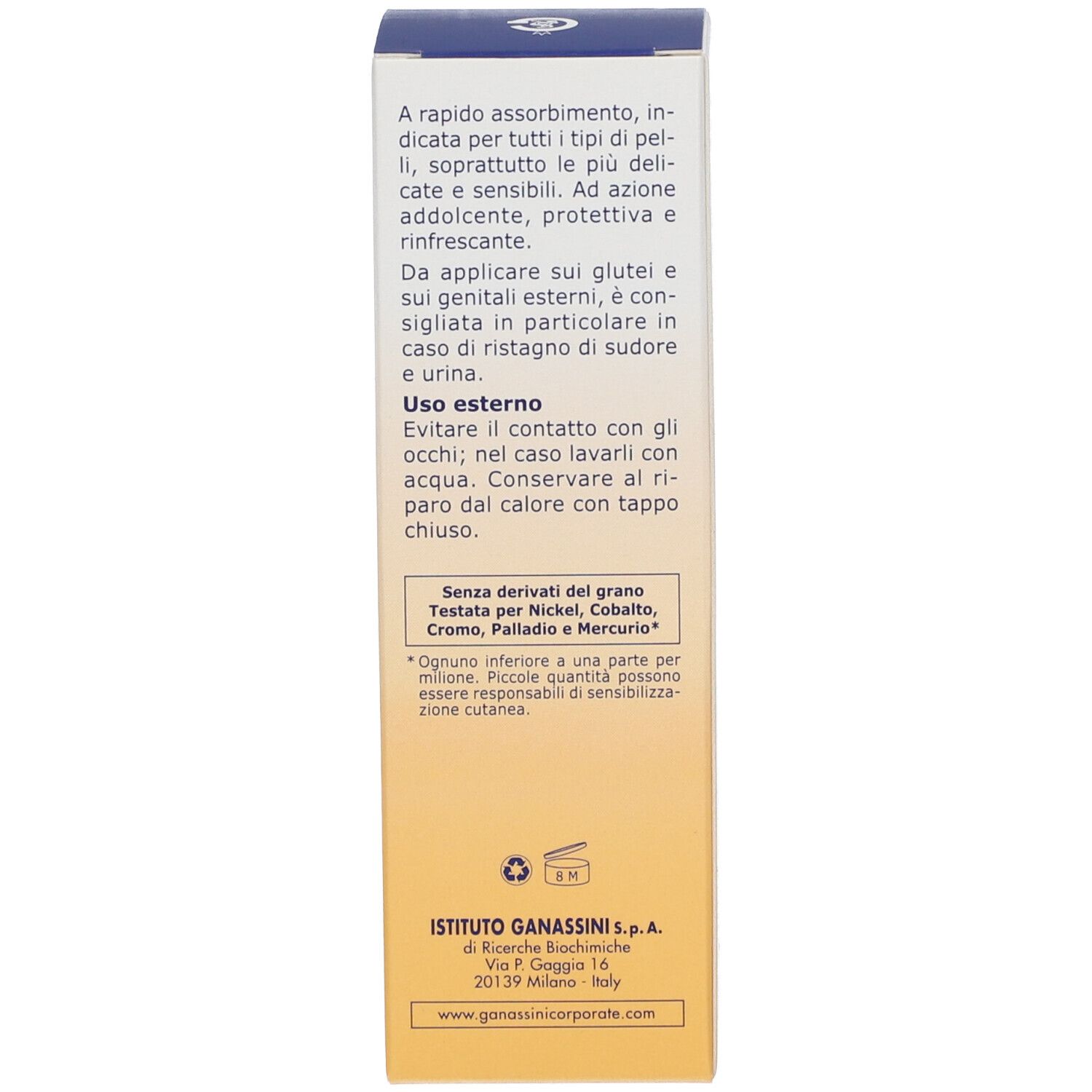 Lato della confezione di Vitamindermina® Crema. Testo: Istruzioni per l'uso, ingredienti. Logo Istituto Ganassini.