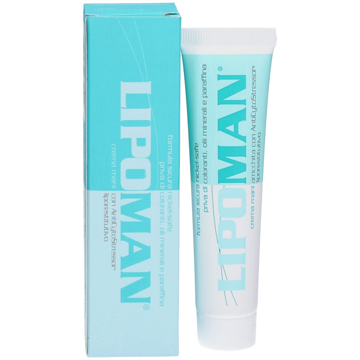 Tubo e scatola di crema. Scritto: LIPOMAN, Creme Mani. Confezione turchese e bianca.