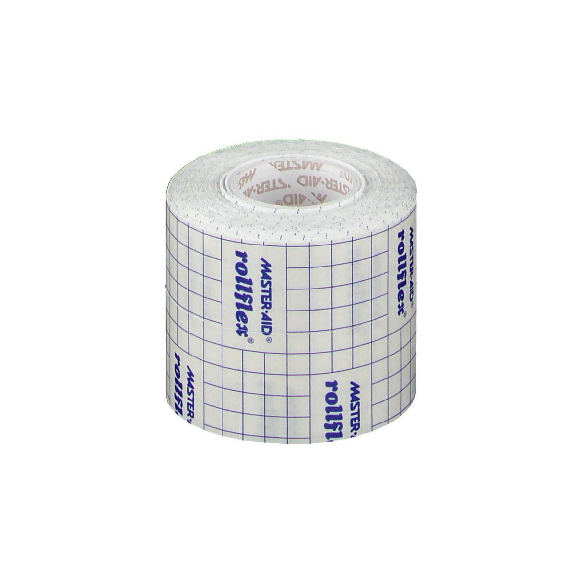 Rotolo di garza autoadesiva. Marchio rollflex, Master-Aid. Motivo a quadretti. Scritte: rollflex, Master-Aid.