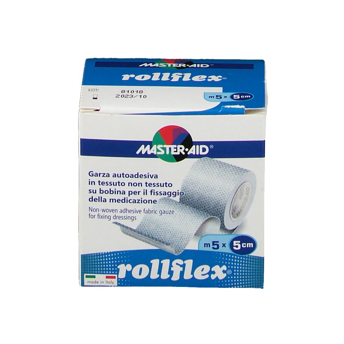 Confezione di garza autoadesiva. Marchio rollflex, Master-Aid. Dimensioni 5 m x 5 cm. Made in Italy. Immagine prodotto.