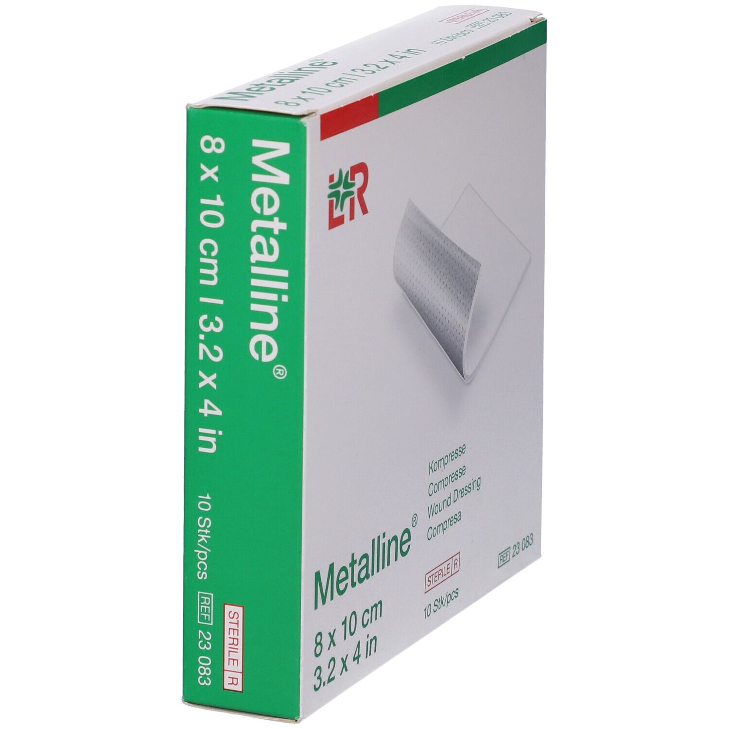 Confezione di compresse Metalline, 8x10 cm, 10 pezzi. Scatola verde e bianca.