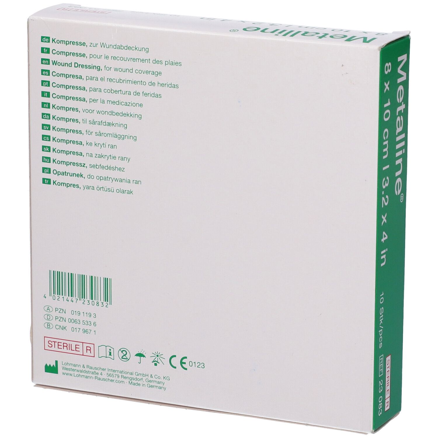 Retro della confezione con informazioni sul prodotto. Compresse Metalline, 8x10 cm, 10 pezzi.