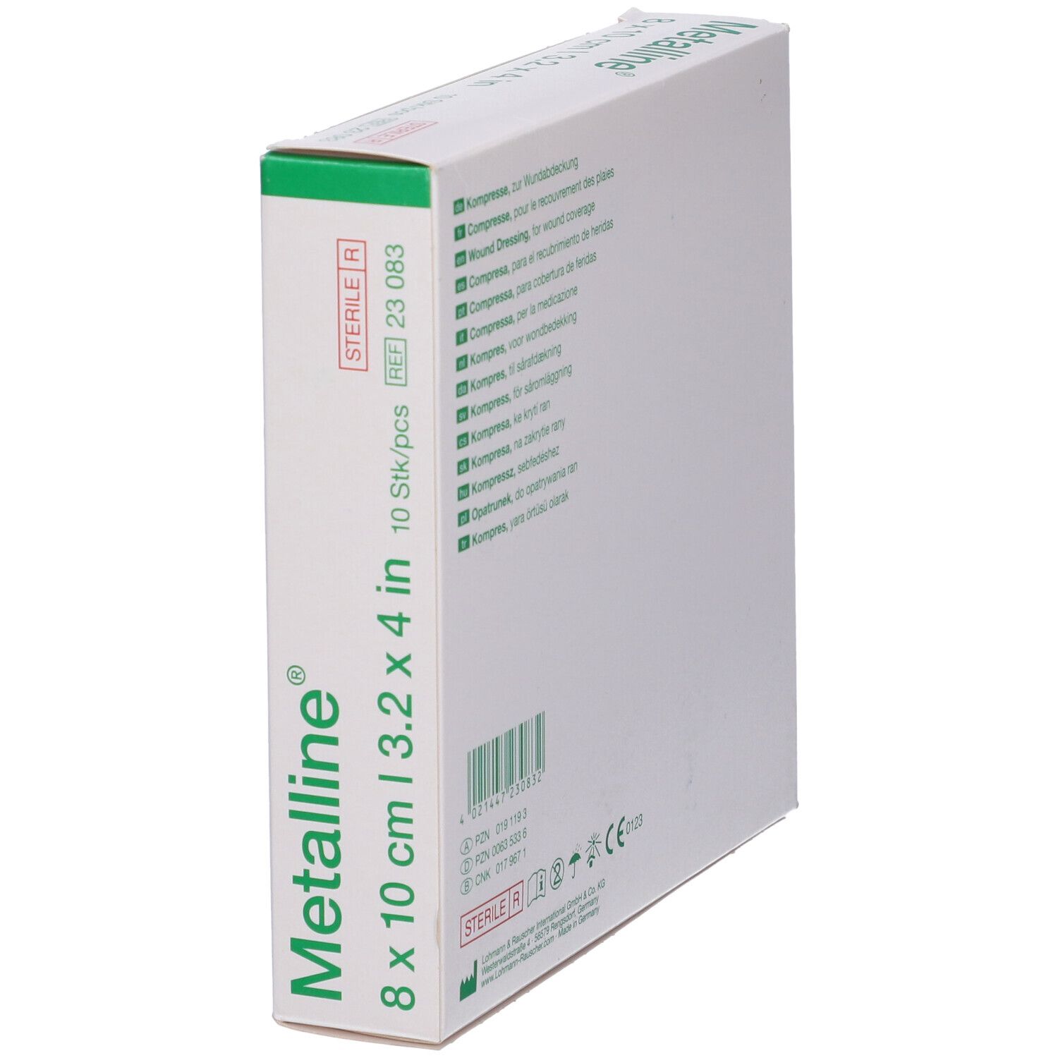 Confezione di compresse Metalline, 8x10 cm, 10 pezzi. Sterile. Codice a barre.