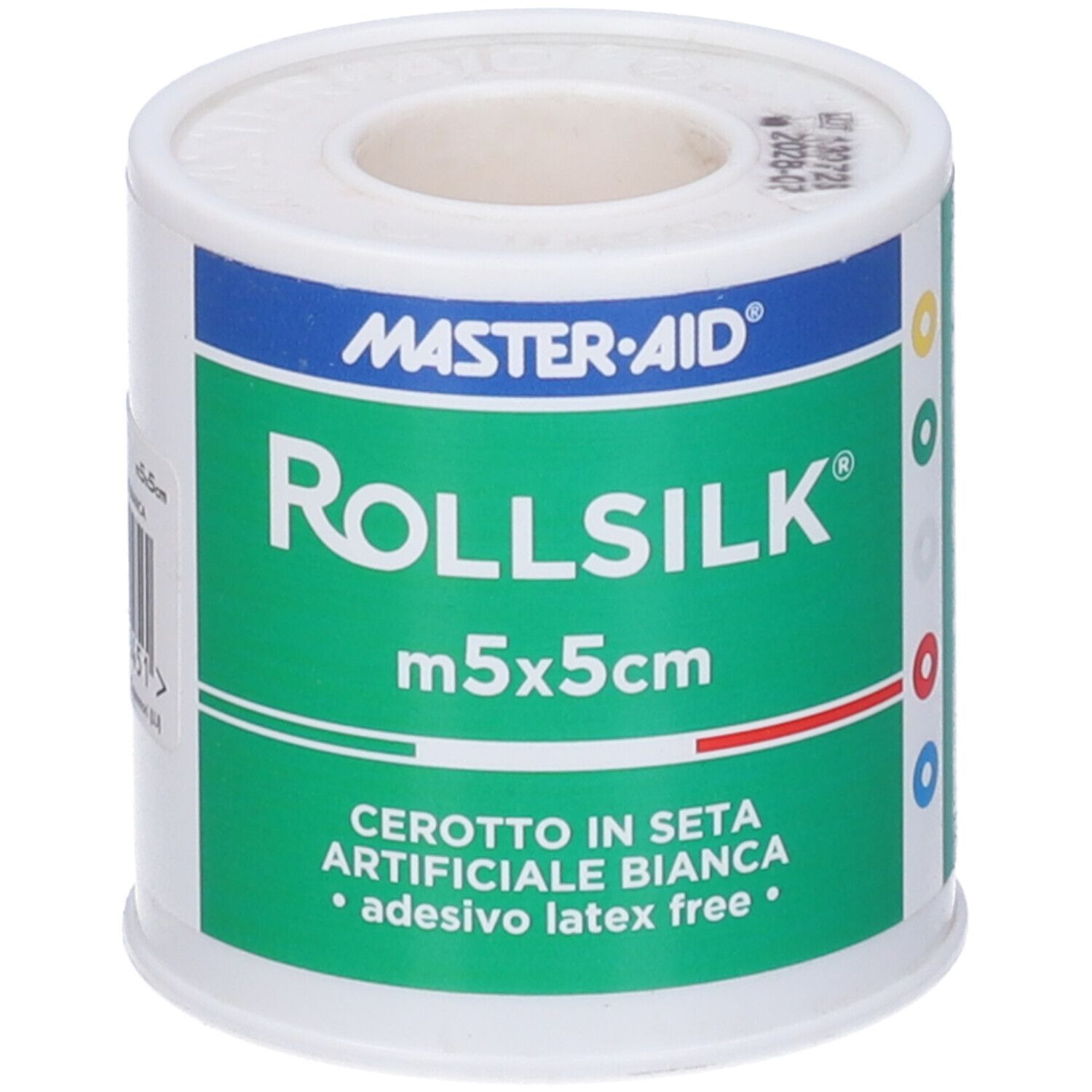 Rotolo di cerotto bianco. Marchio Master-Aid, scritta Rollsilk. Dimensione 5x5cm. Senza lattice.