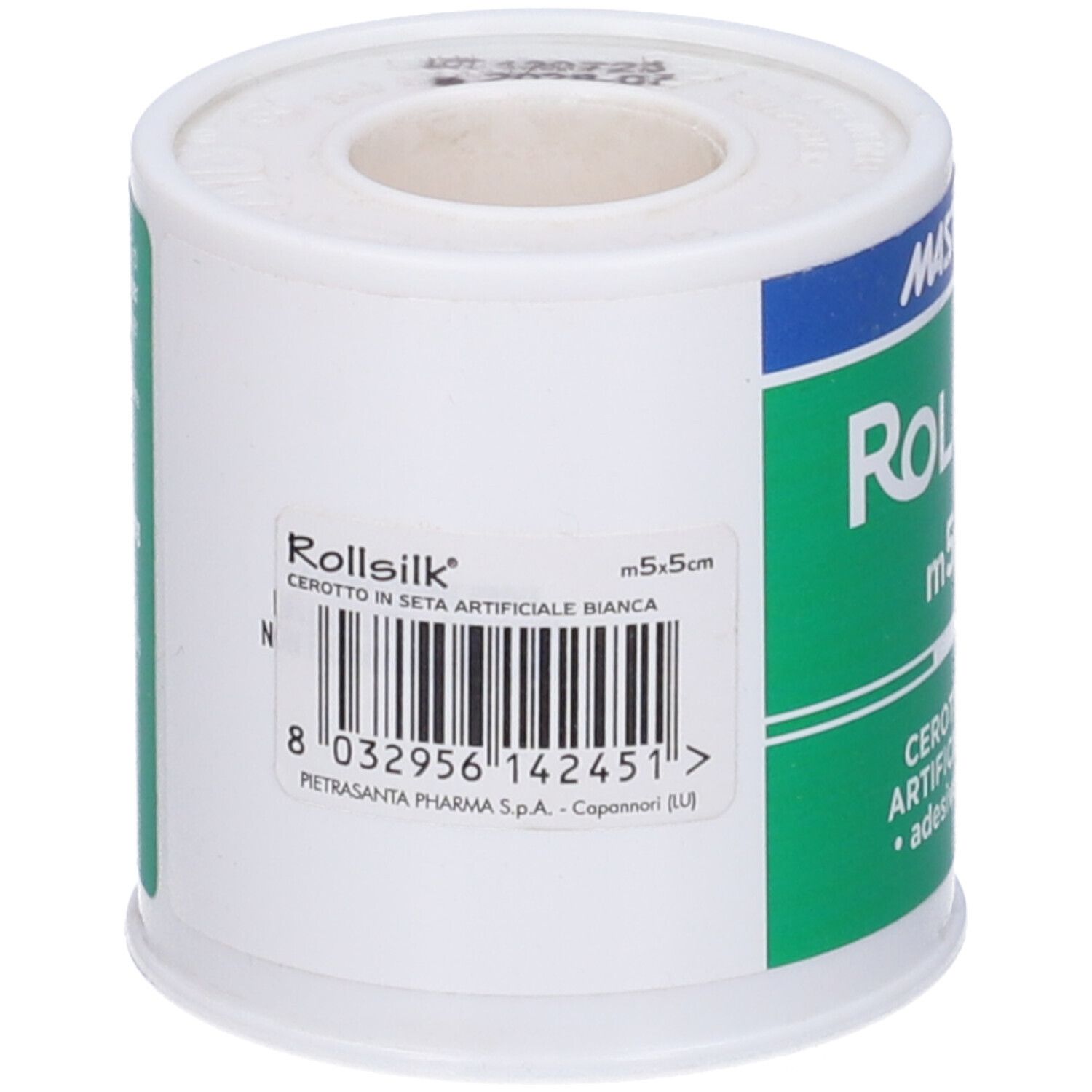 Rotolo di cerotto bianco. Retro con codice a barre e informazioni produttore. Scritta Rollsilk.