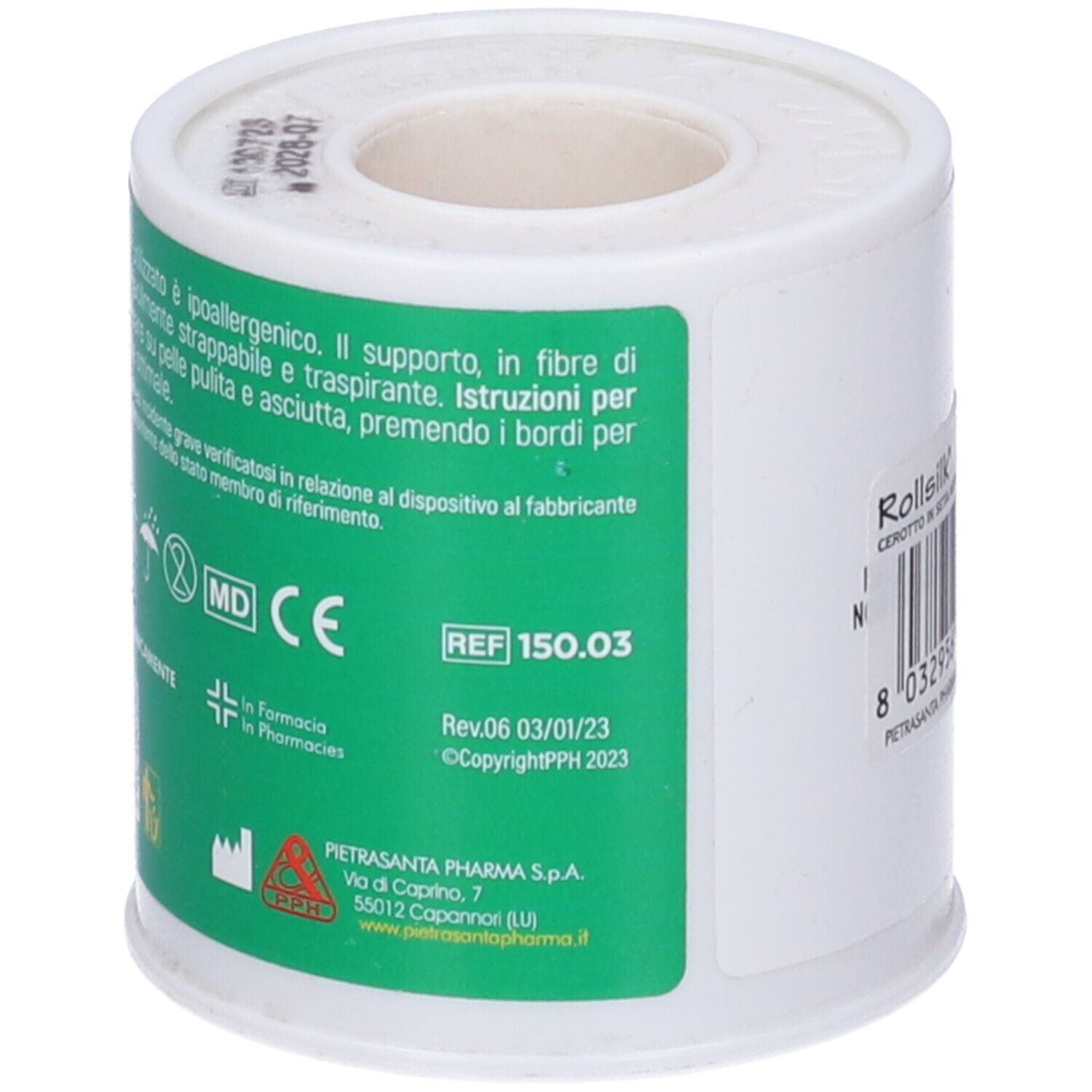 Rotolo di cerotto bianco. Retro con testo e certificazioni. Scritta Rollsilk. Marchio MD.