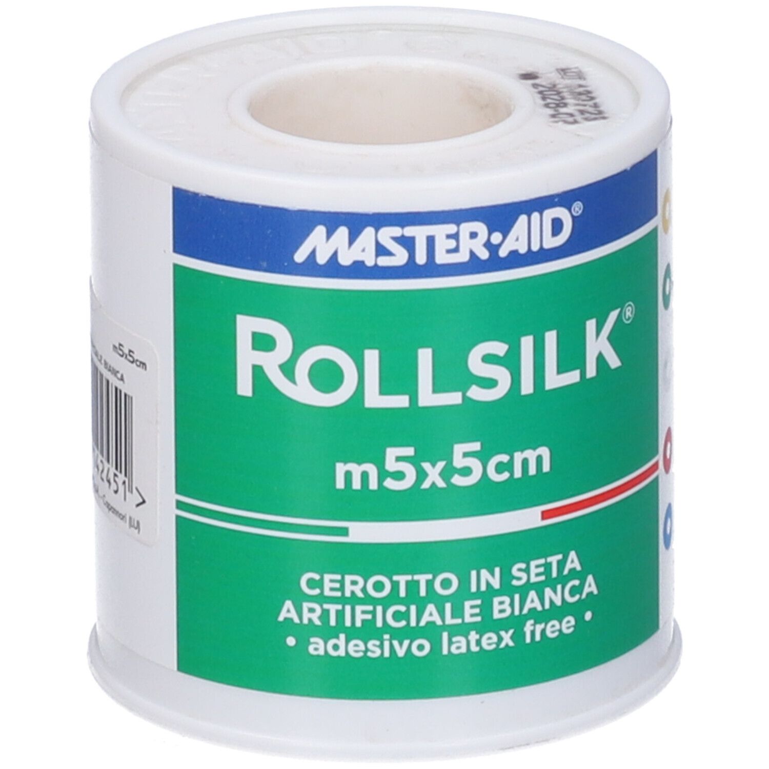 Rotolo di cerotto bianco. Marchio Master-Aid, scritta Rollsilk. Dimensione 5x5cm. Senza lattice.