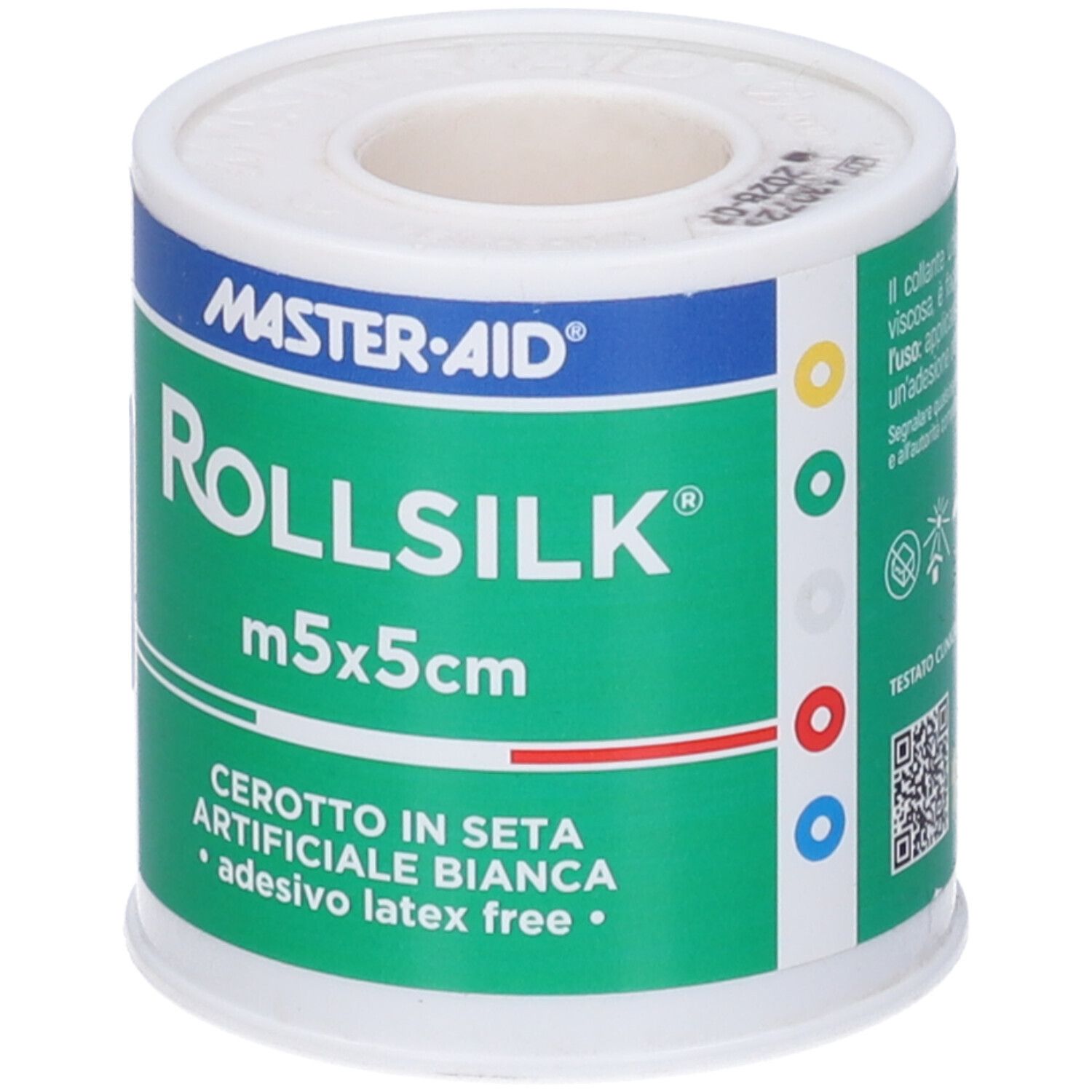 Rotolo di cerotto bianco. Marchio Master-Aid, scritta Rollsilk. Dimensione 5x5cm. Segni colorati.