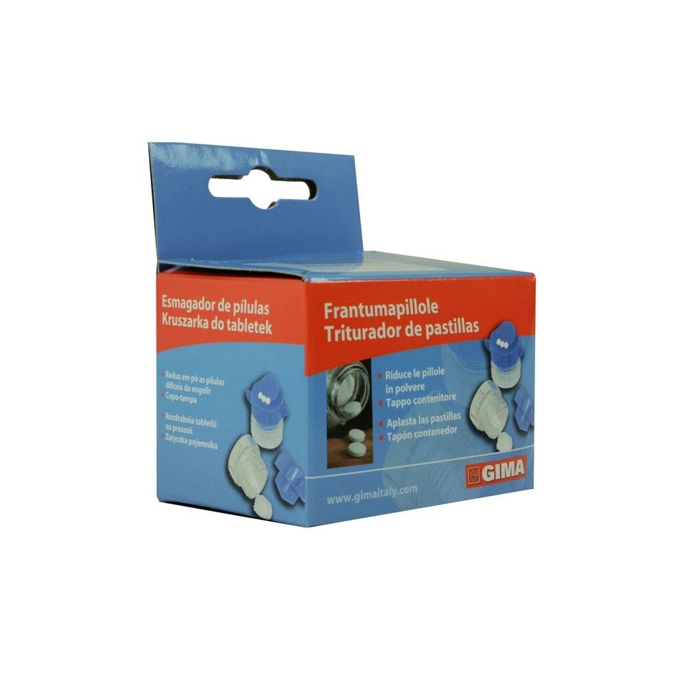 Confezione con immagine del prodotto e testo. Colori blu e rosso. Logo GIMA visibile.