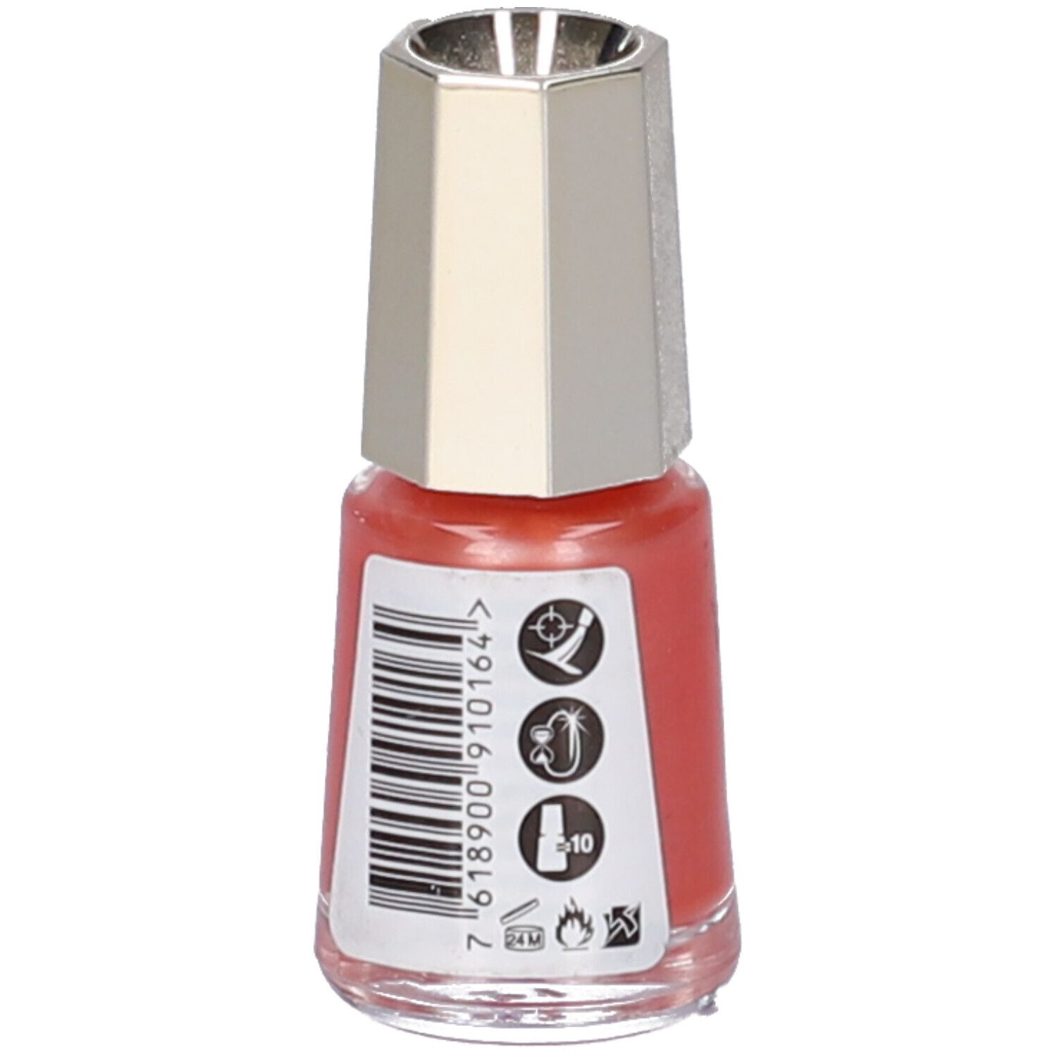 Flacone di smalto rosa-arancio. Retro con codice a barre e simboli. Tappo argentato.