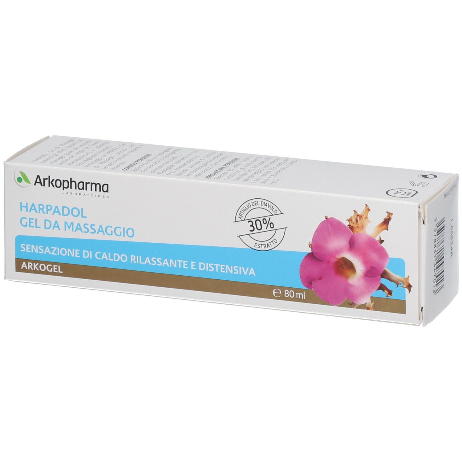 Scatola di HARPADOL® GEL. Scritte: Arkopharma, HARPADOL GEL DA MASSAGGIO, estratto 30%, Arkogel, 80 ml. Immagine di un fiore.
