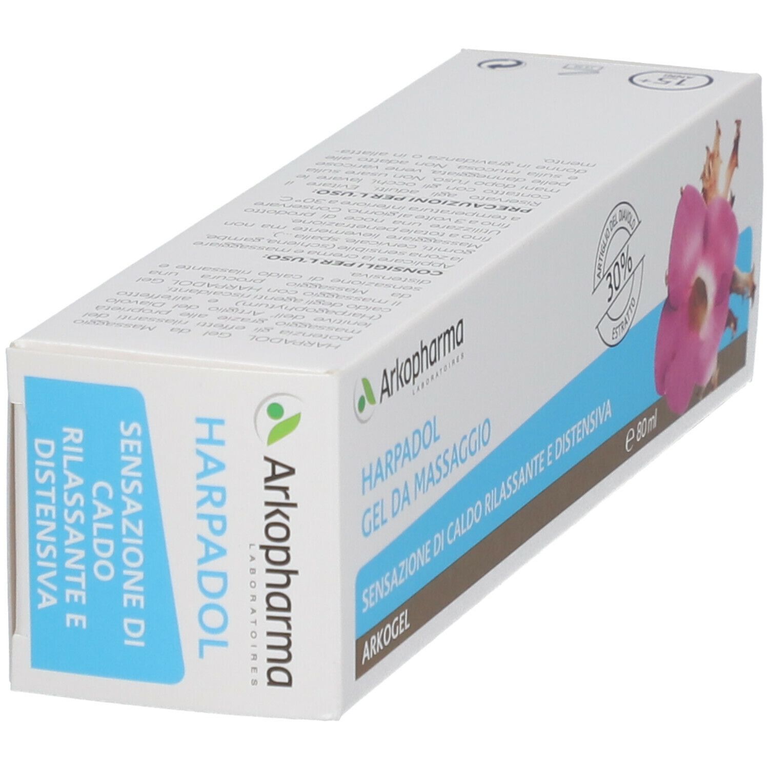 Scatola di HARPADOL® GEL. Scritte: Arkopharma, HARPADOL GEL DA MASSAGGIO, Arkogel. Colori blu e bianco. Immagine di un fiore.