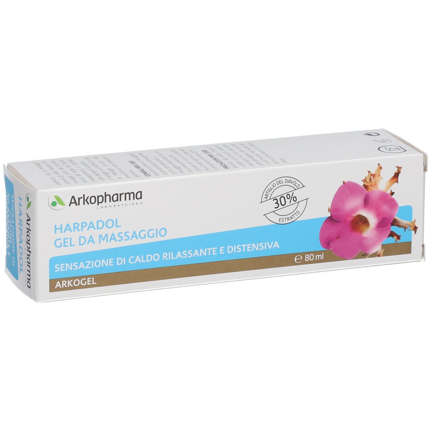 Scatola di HARPADOL® GEL. Scritte: Arkopharma, HARPADOL GEL DA MASSAGGIO, estratto 30%, Arkogel, 80 ml. Immagine di un fiore.