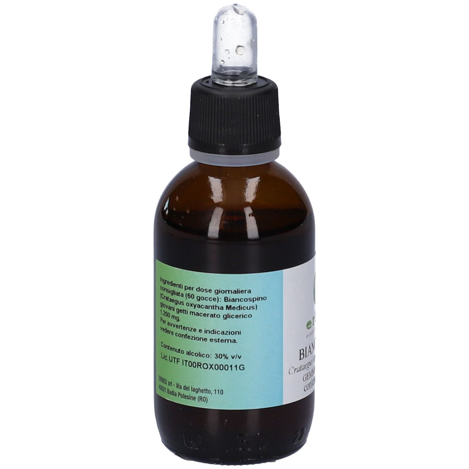 Flacone di vetro marrone con tappo nero e contagocce. Etichetta con ingredienti e altre informazioni.