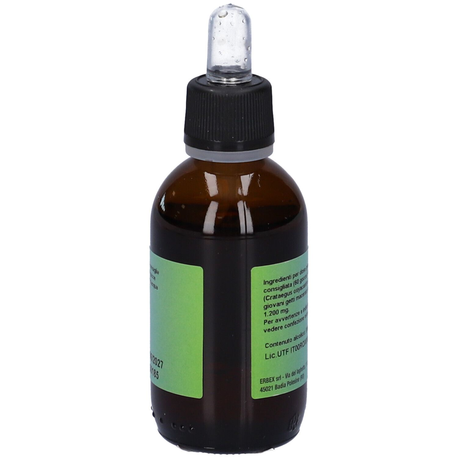 Flacone di vetro marrone con tappo nero e contagocce. Etichetta con ingredienti e altre informazioni.