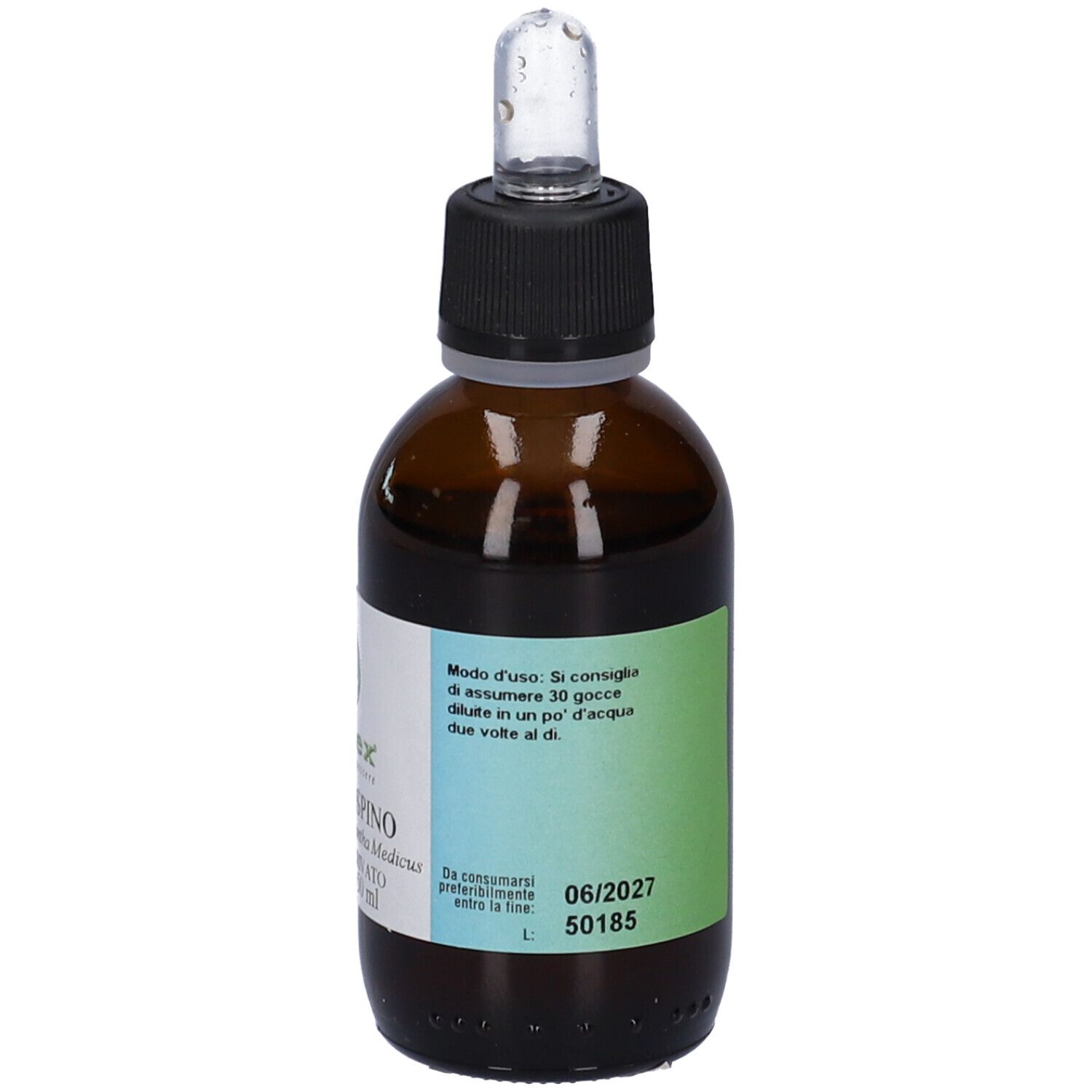 Flacone di vetro marrone con tappo nero e contagocce. Etichetta con istruzioni e data di scadenza.
