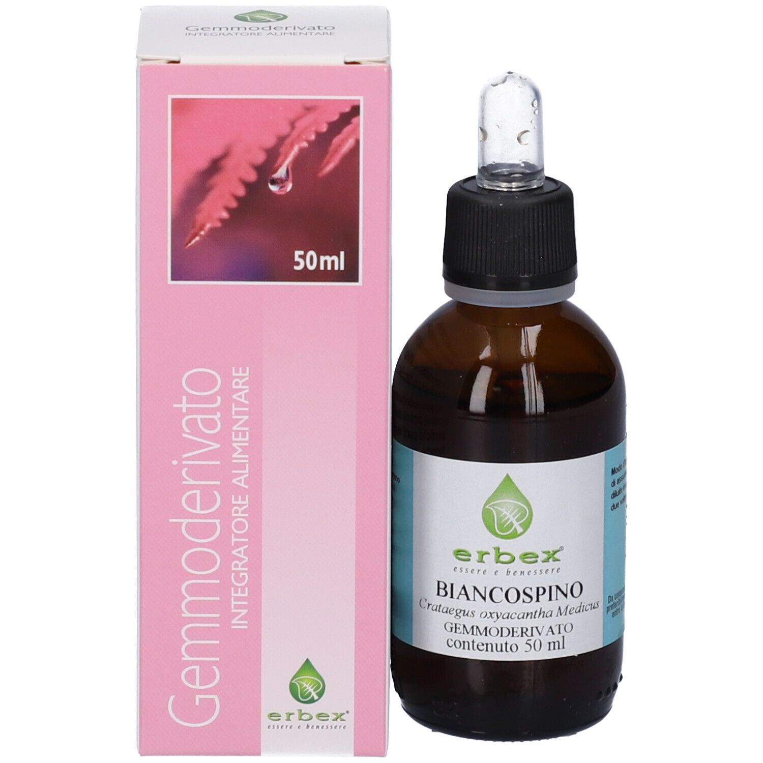 Flacone di vetro marrone con contagocce accanto a una scatola rosa. Scatola con nome del prodotto e logo.