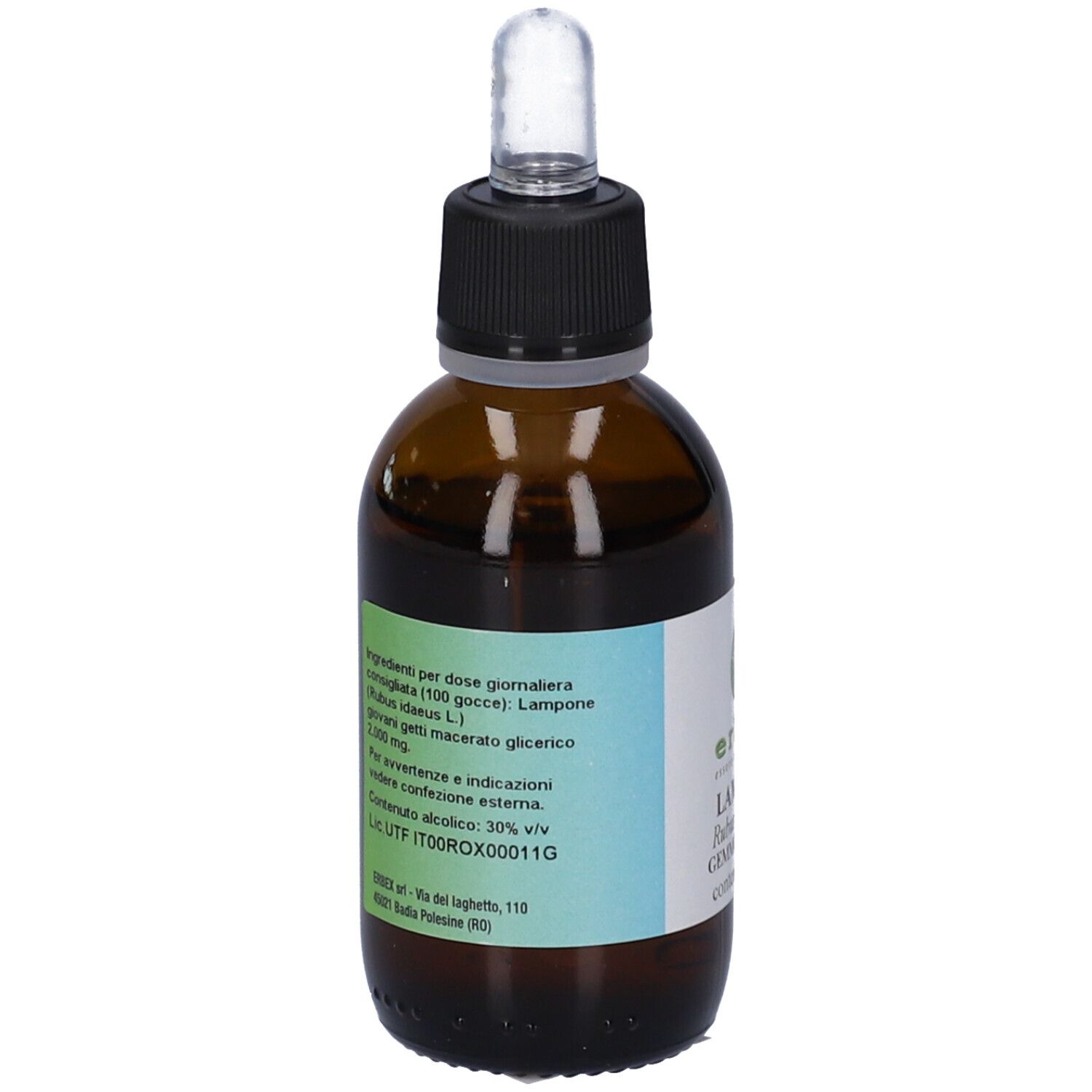 Flacone di vetro marrone con tappo nero e contagocce. Etichetta con ingredienti e dosaggio. Flacone.