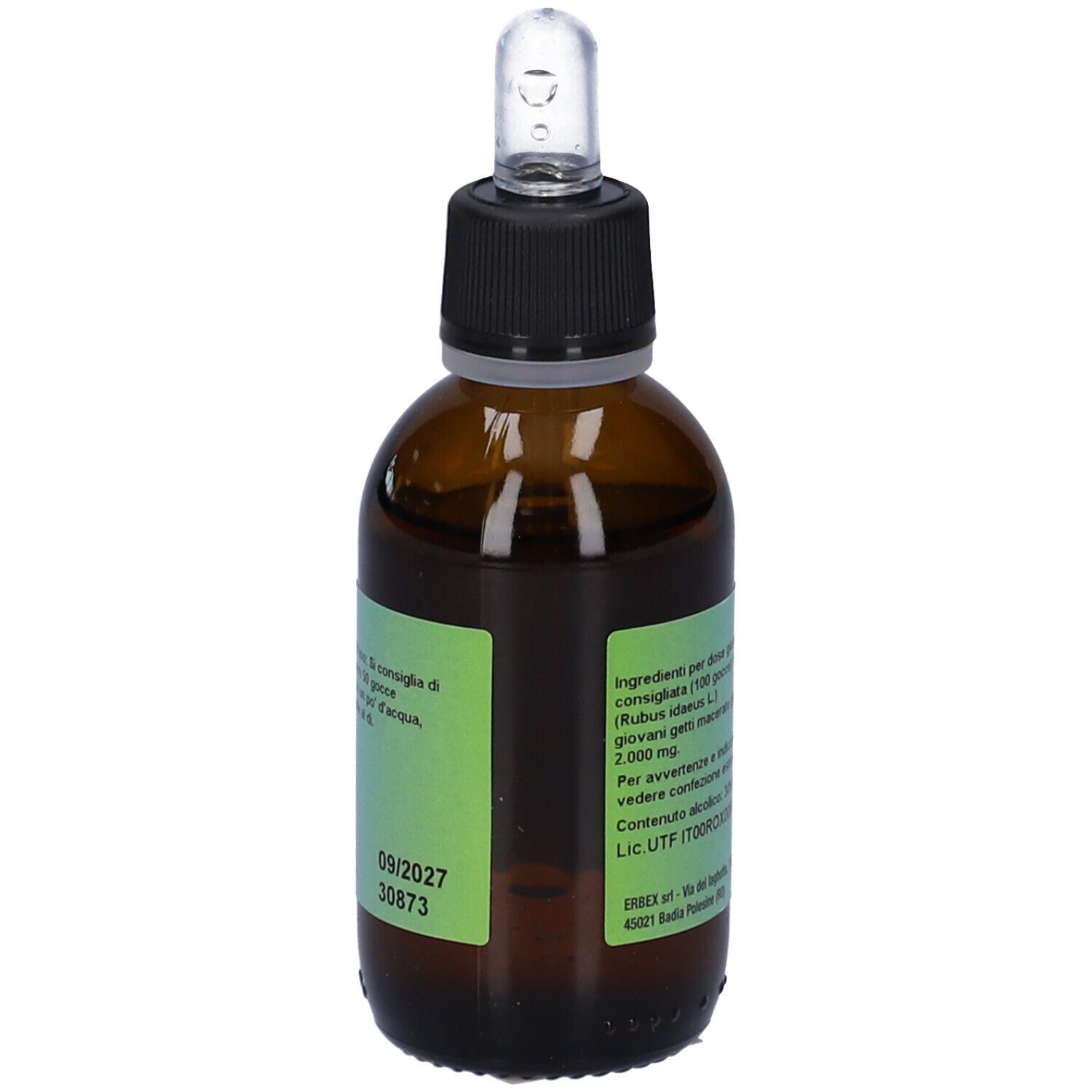 Flacone di vetro marrone con tappo nero e contagocce. Etichetta con ingredienti e scadenza. Flacone.